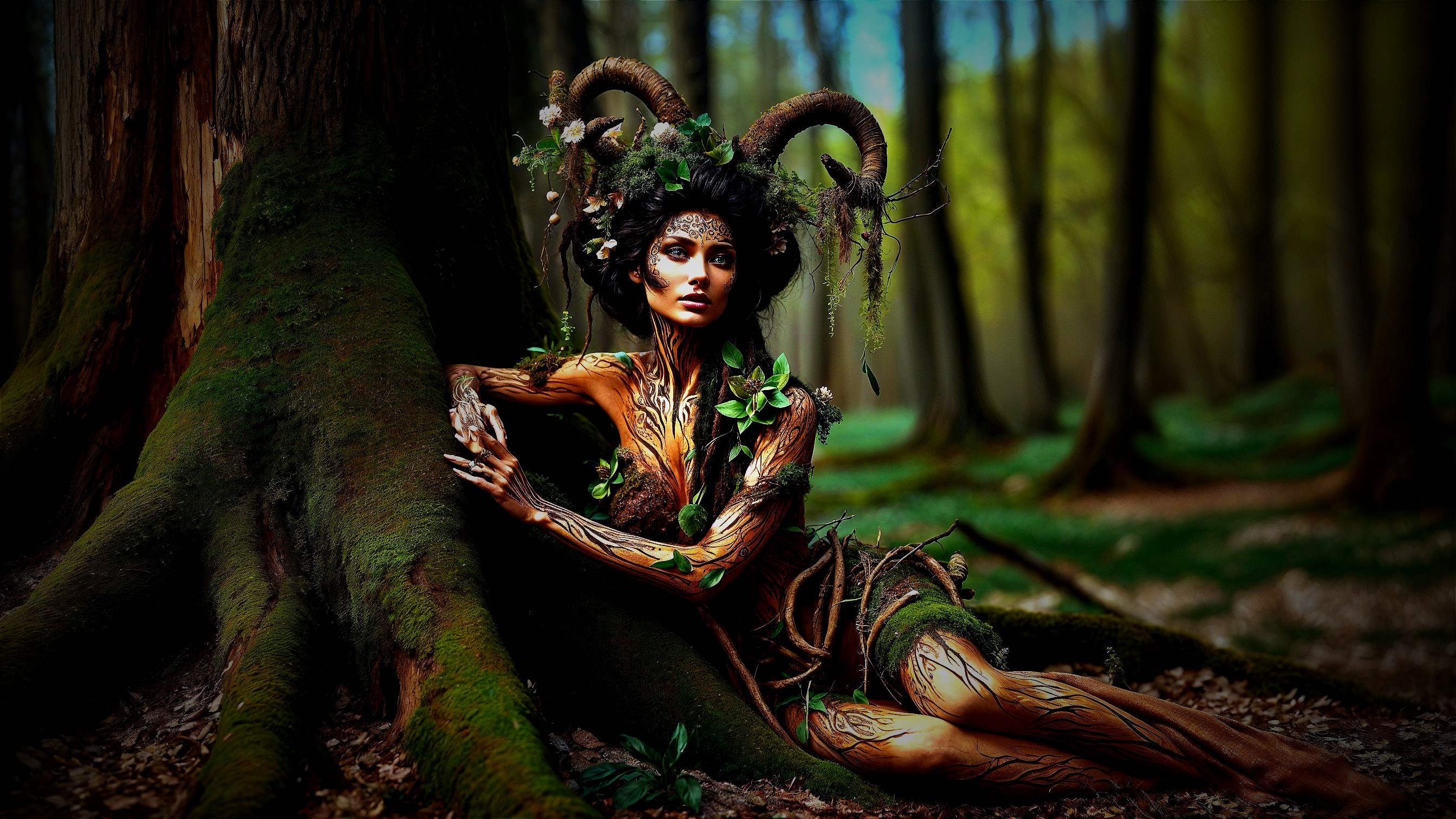 Nature spirit figure with body paint in woodland setting