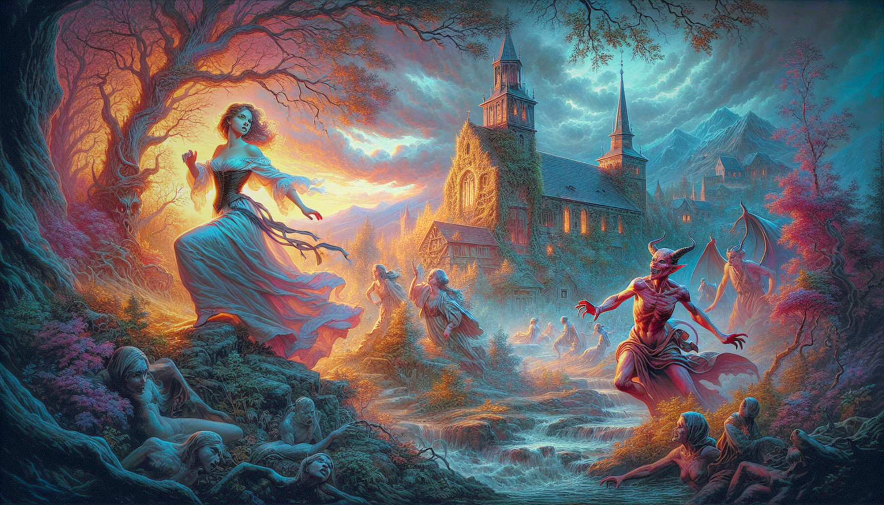 Luminous Woman Dances by Foggy Stream with Figures