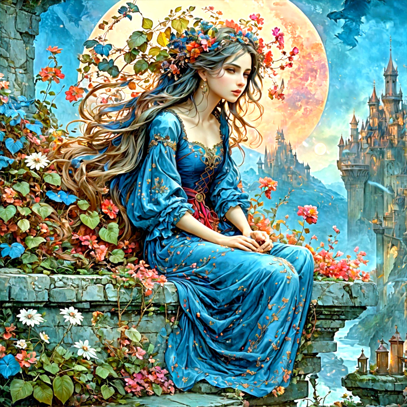 Serene maiden on stone wall under luminous moonlight