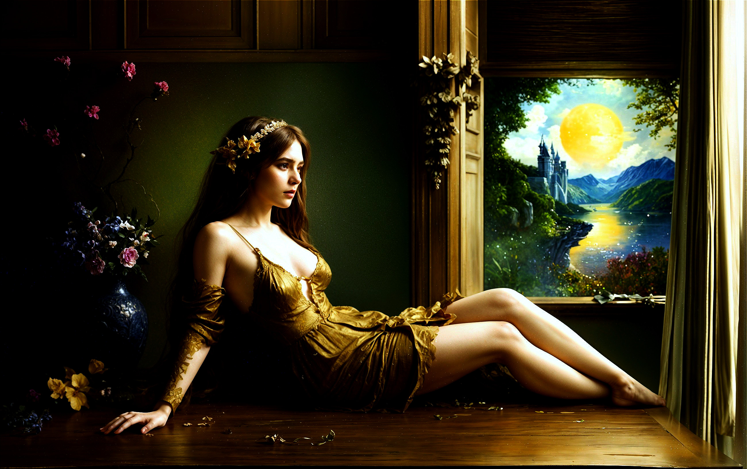 Elegant Woman in Gold Gown by Window with Landscape