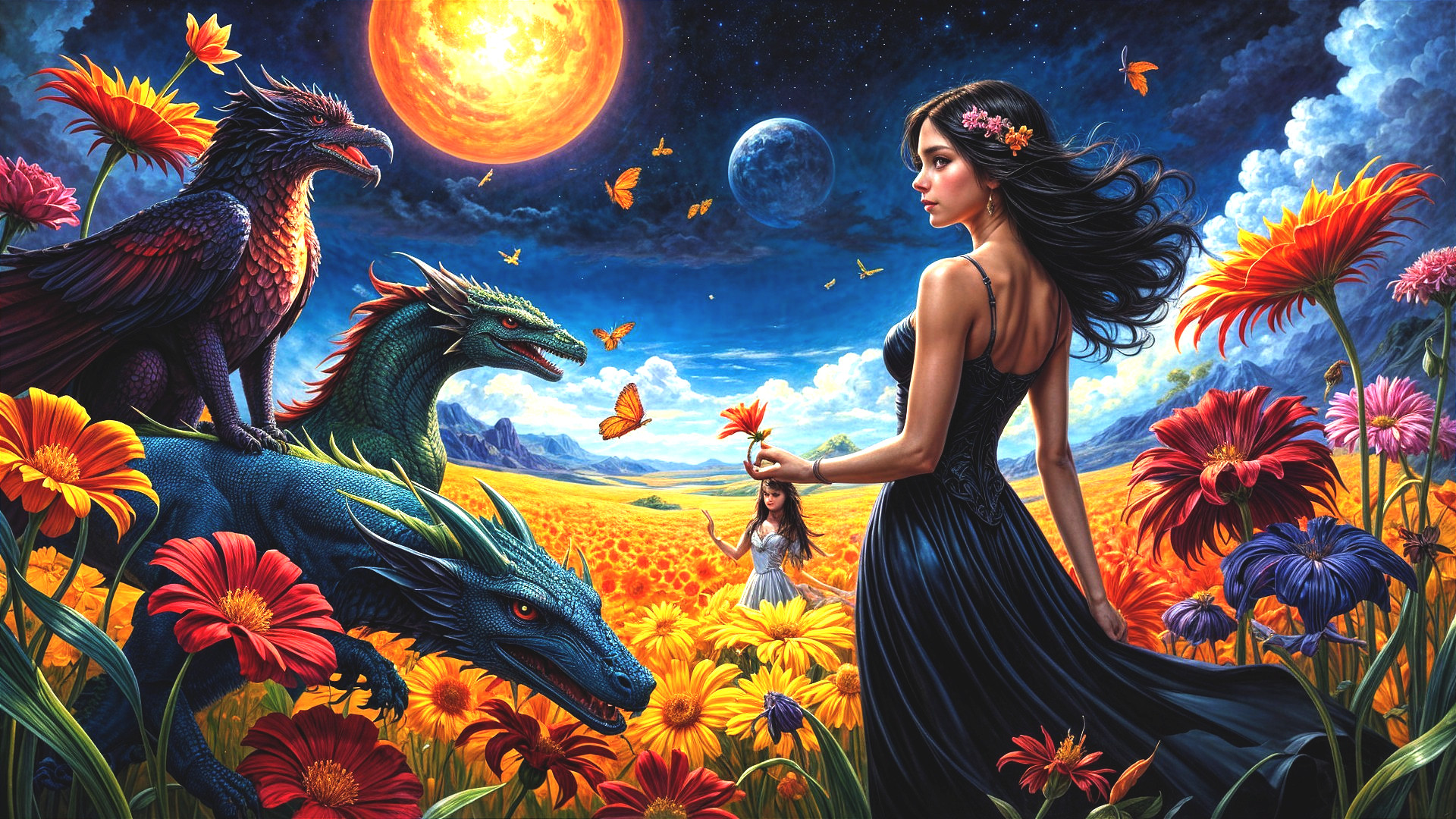 Woman in Black Gown Amidst Colorful Flowers and Dragons