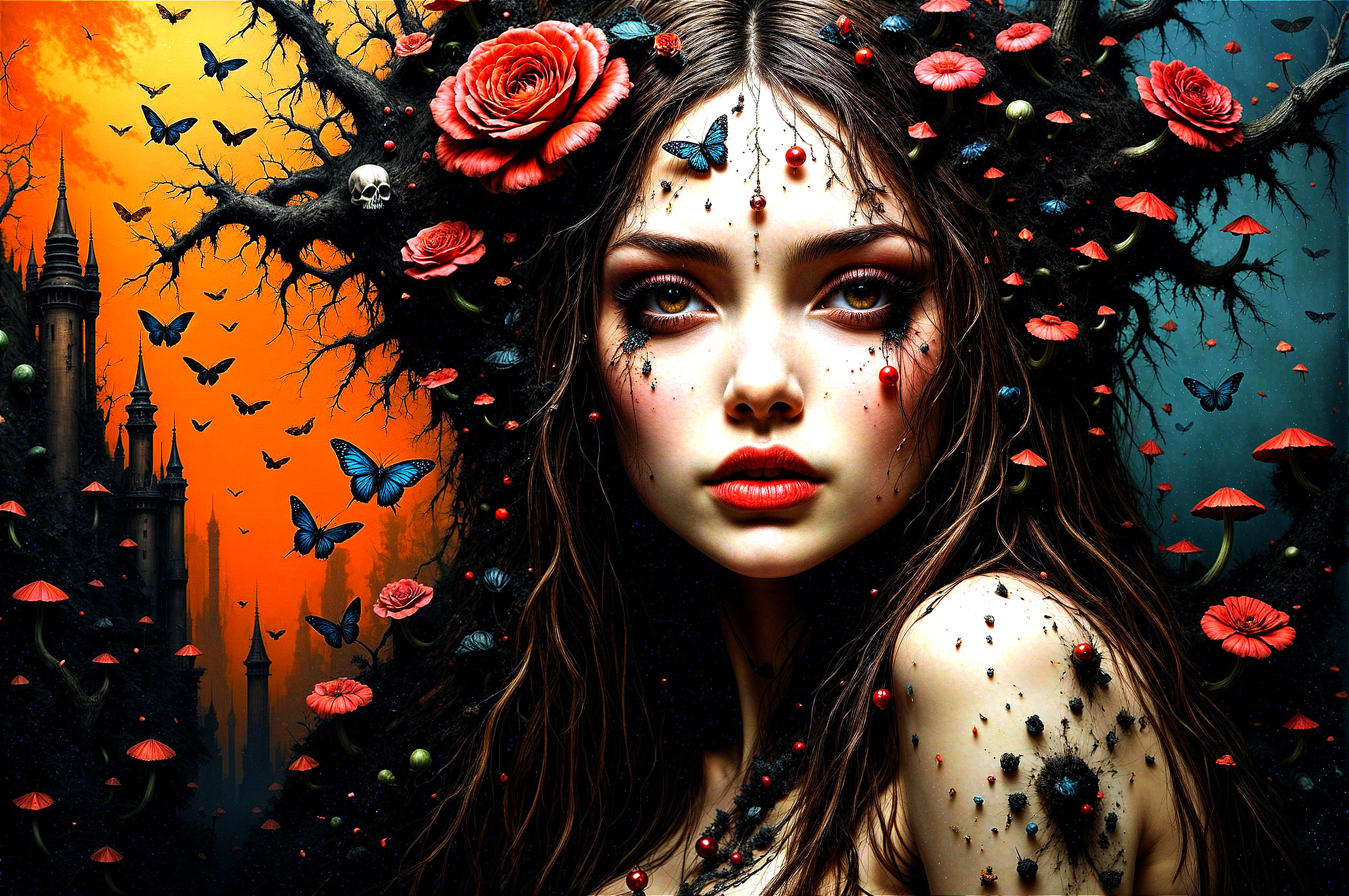 Ethereal Woman with Roses in a Dark Forest Setting