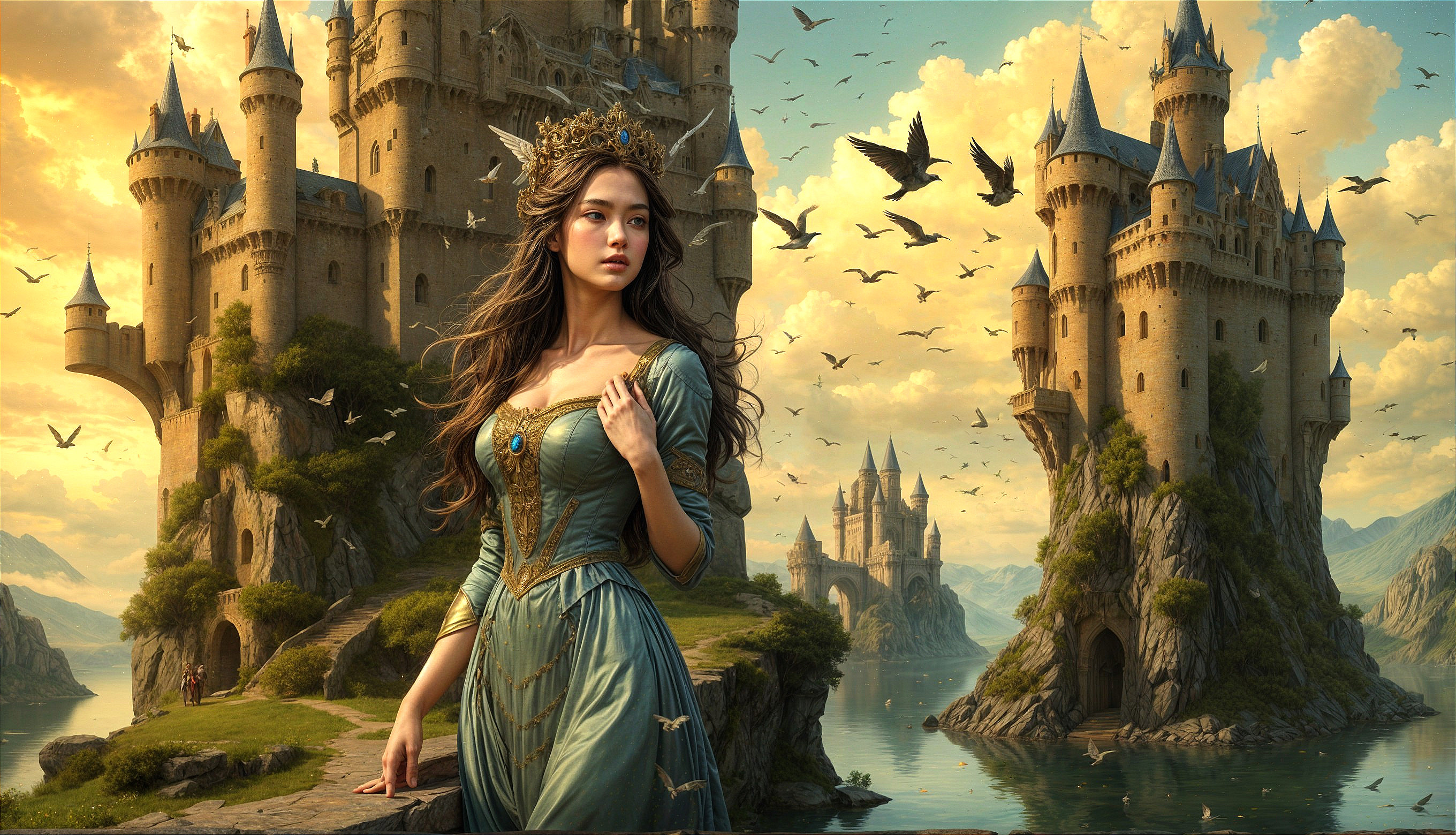 Young Woman in Blue Gown by Tranquil Water Scene