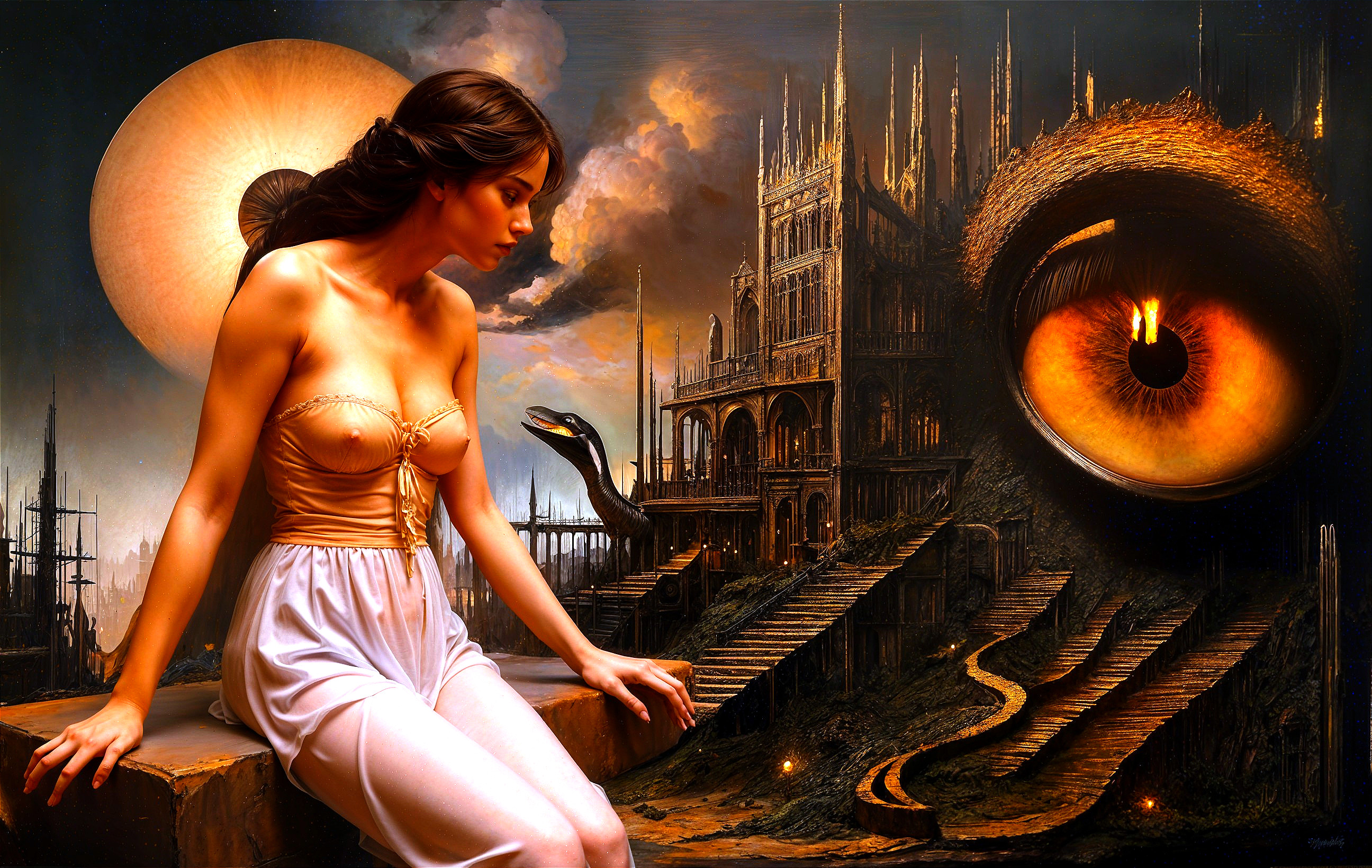Surreal Scene of Woman by Fantastical Dark Structure
