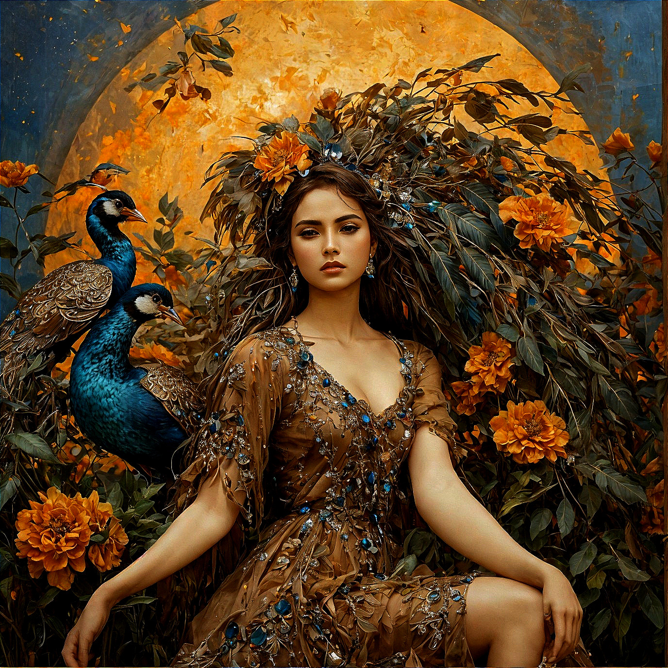 Portrait of a Woman Surrounded by Flowers and Peacocks