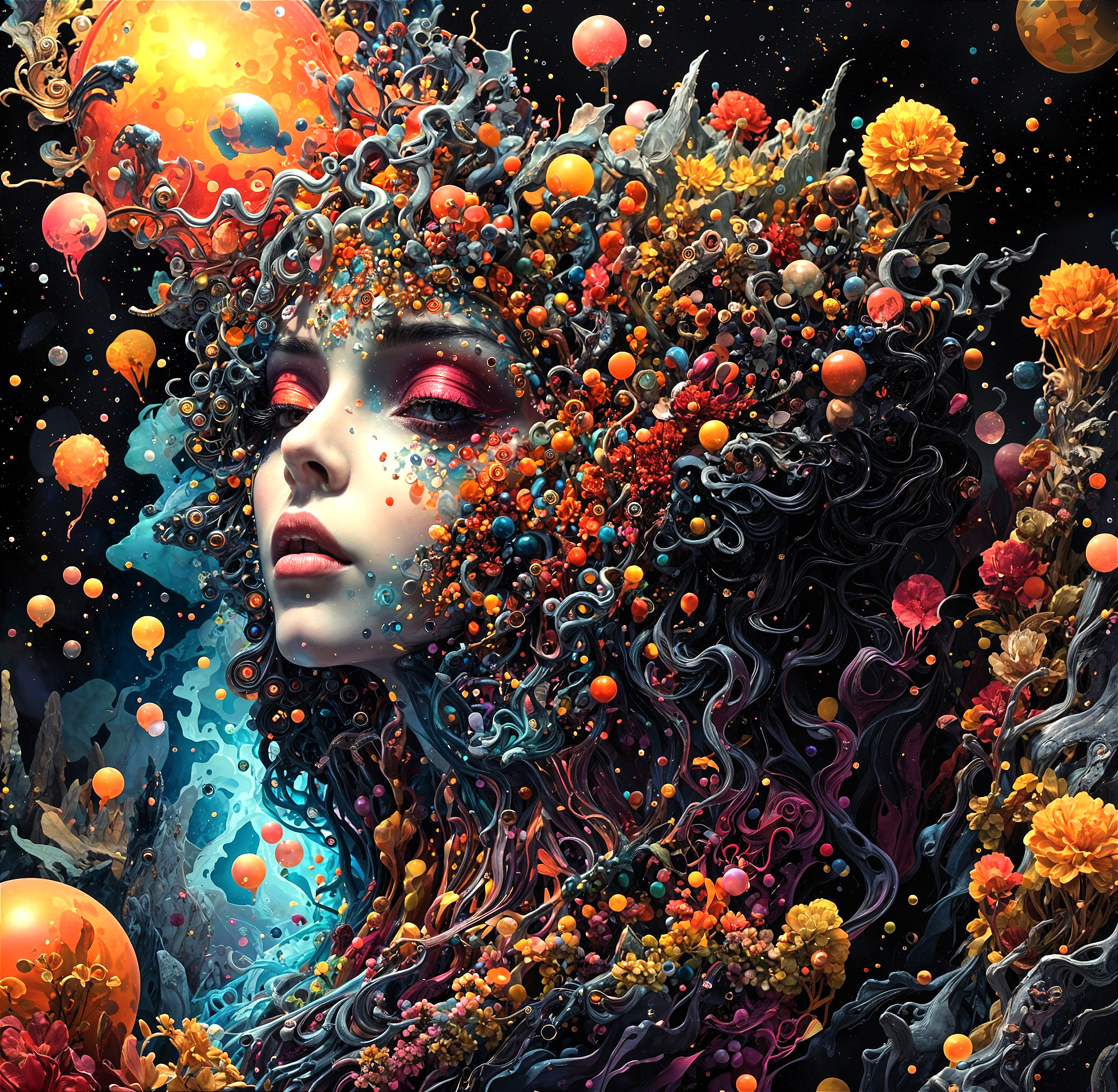 Surreal Portrait of Woman with Colorful Hair and Cosmos