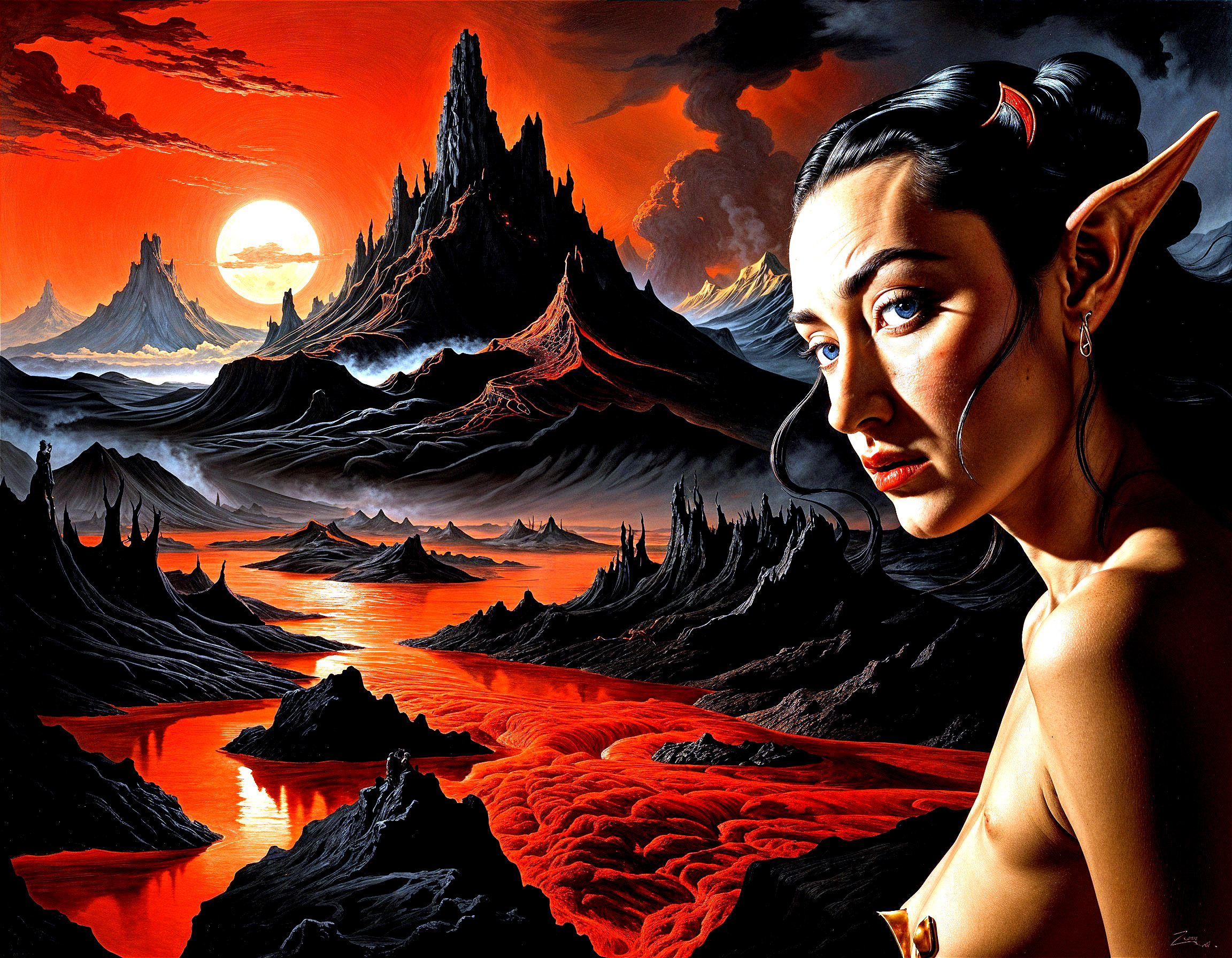 Fantasy Landscape with Sunset and Captivating Woman