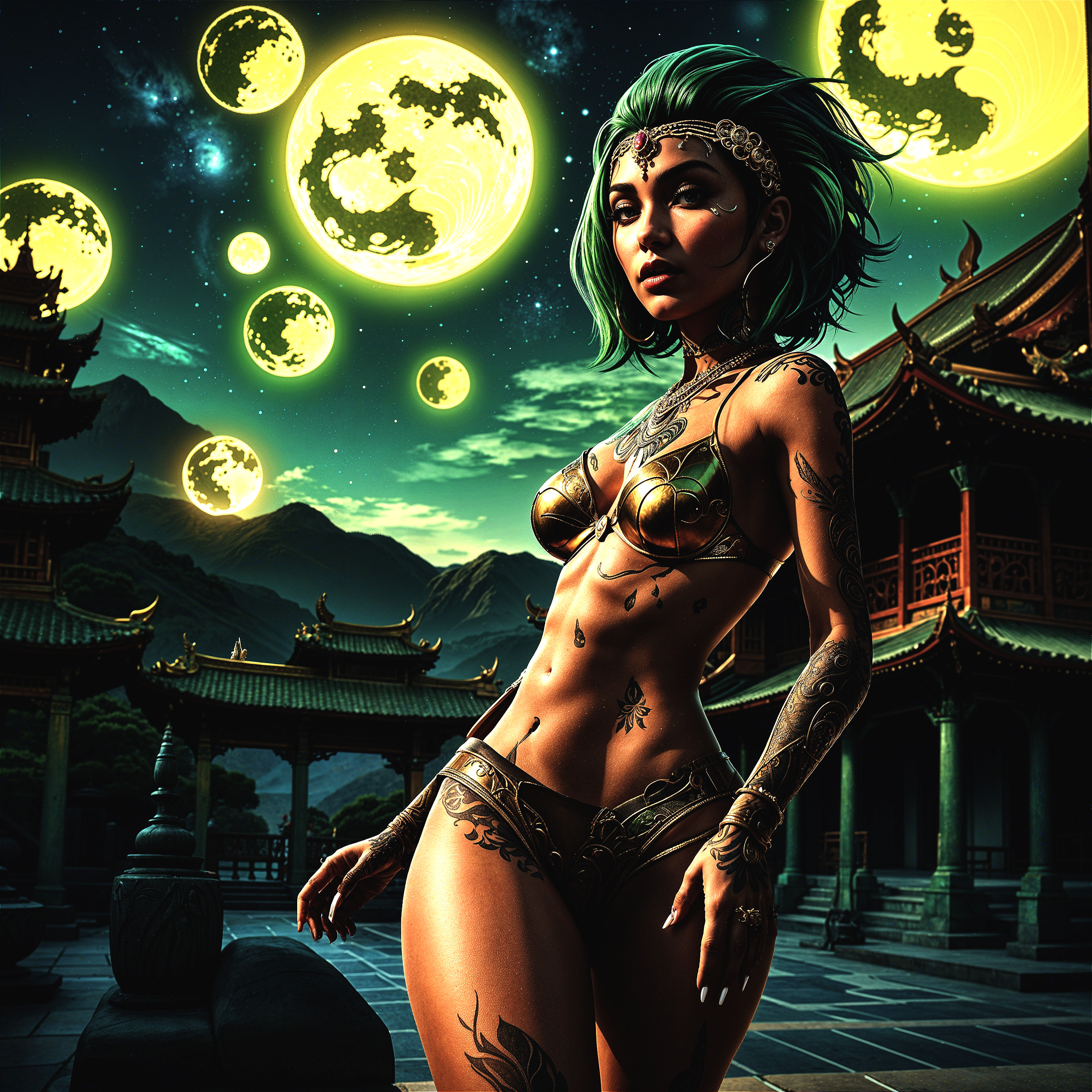 Moonlit Courtyard: Tattooed Woman with Green Hair