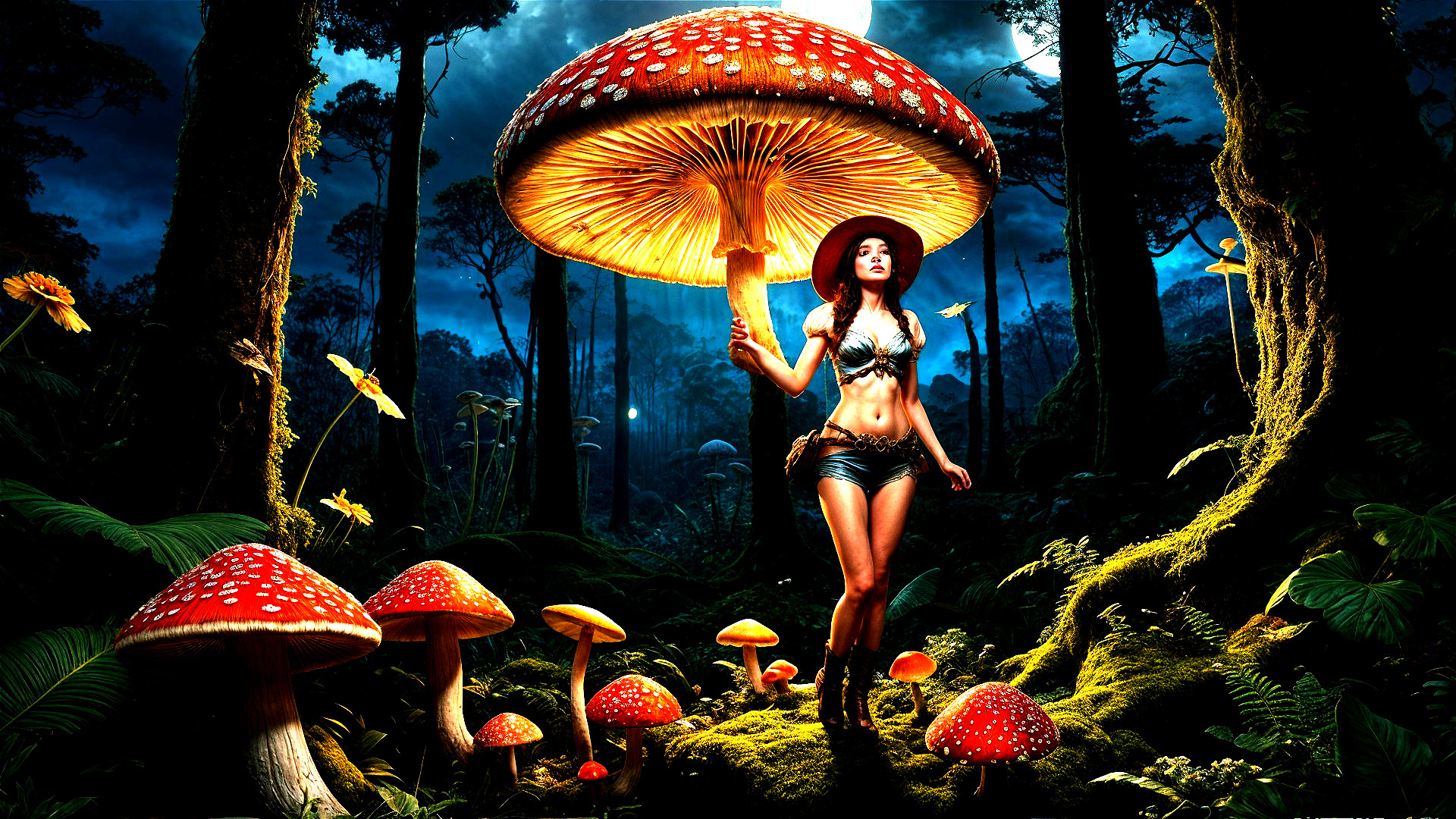 Woman in mystical forest under giant luminous mushroom