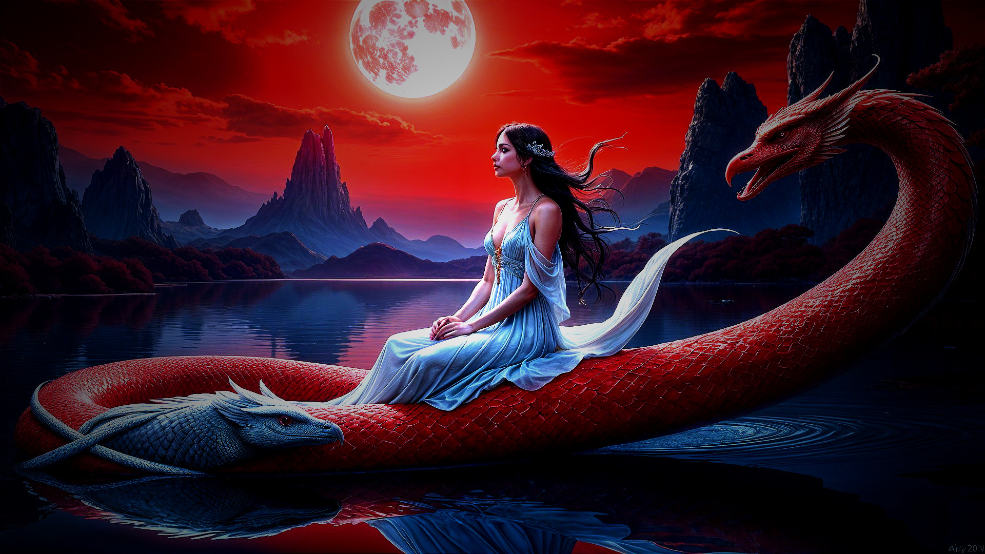 Mystical Landscape with Woman on Serpentine Dragon