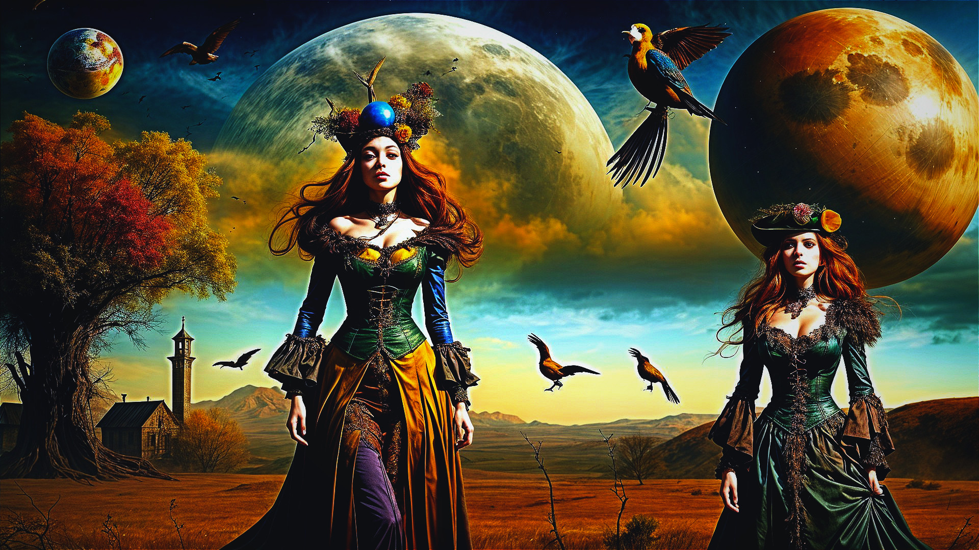 Elegant Women in Vibrant Gowns in Fantasy Landscape