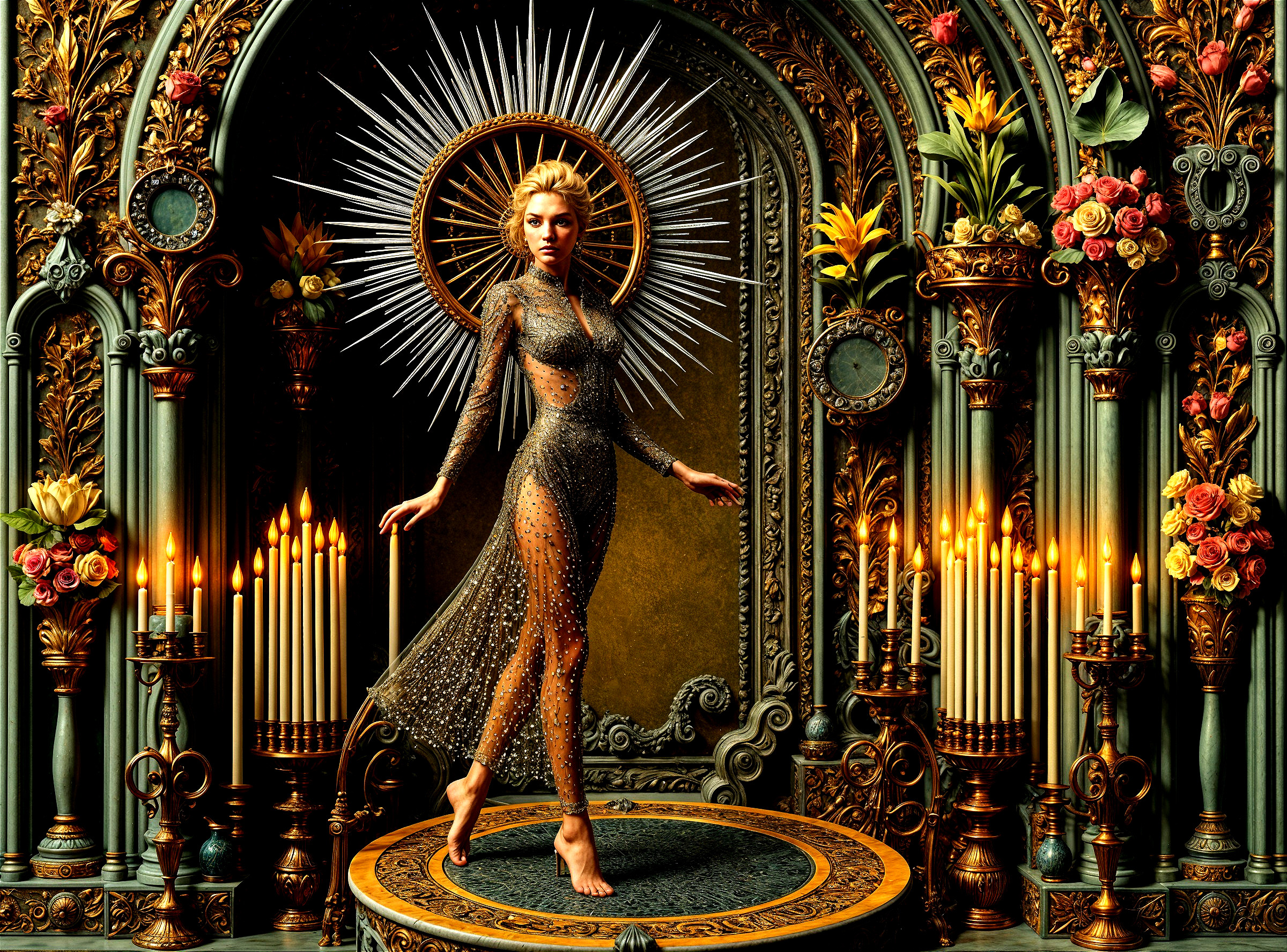 Ethereal Figure in Ornate Setting with Golden Arches