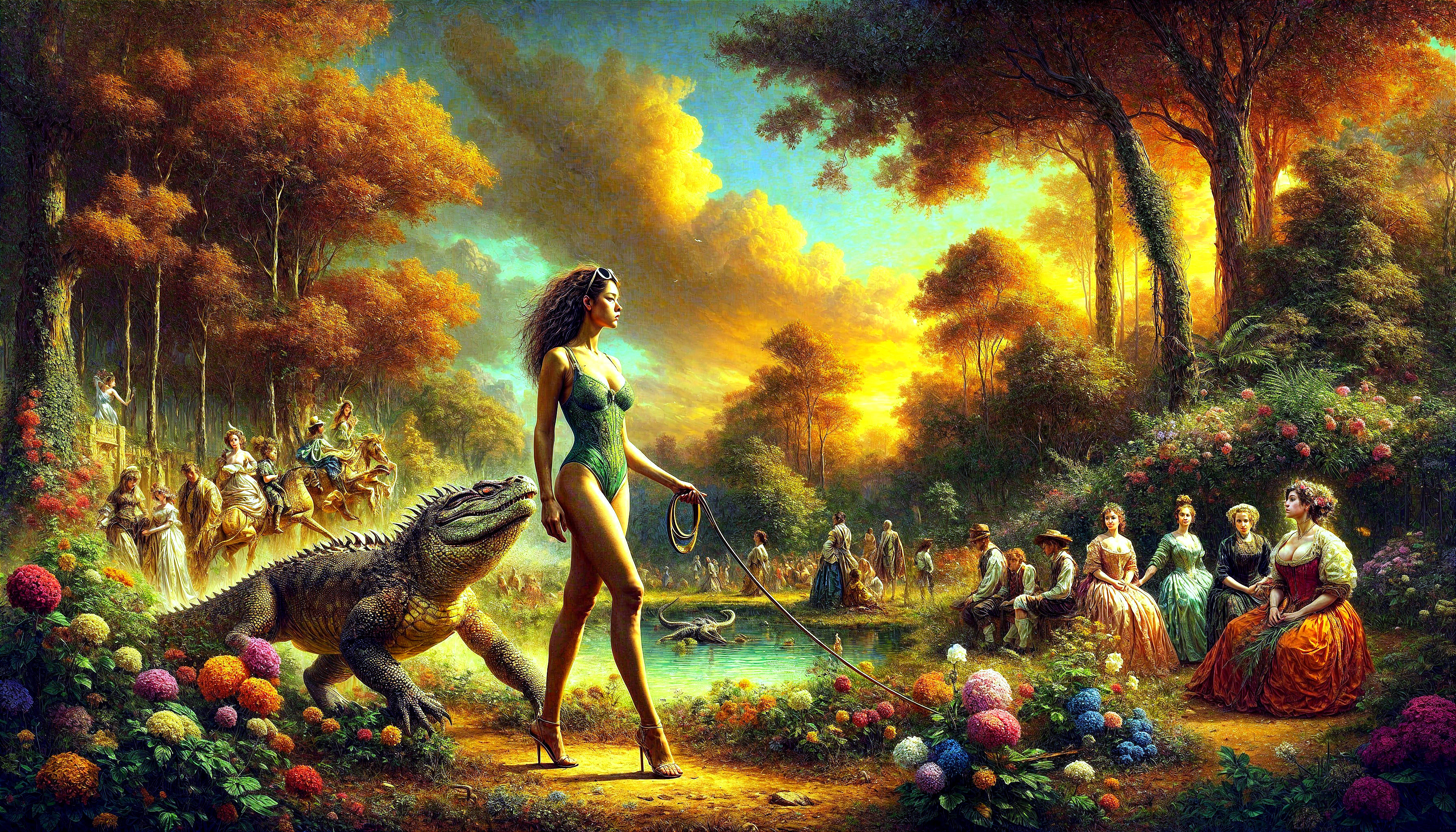 Mystical Sunset Scene with Woman and Lizard Creature