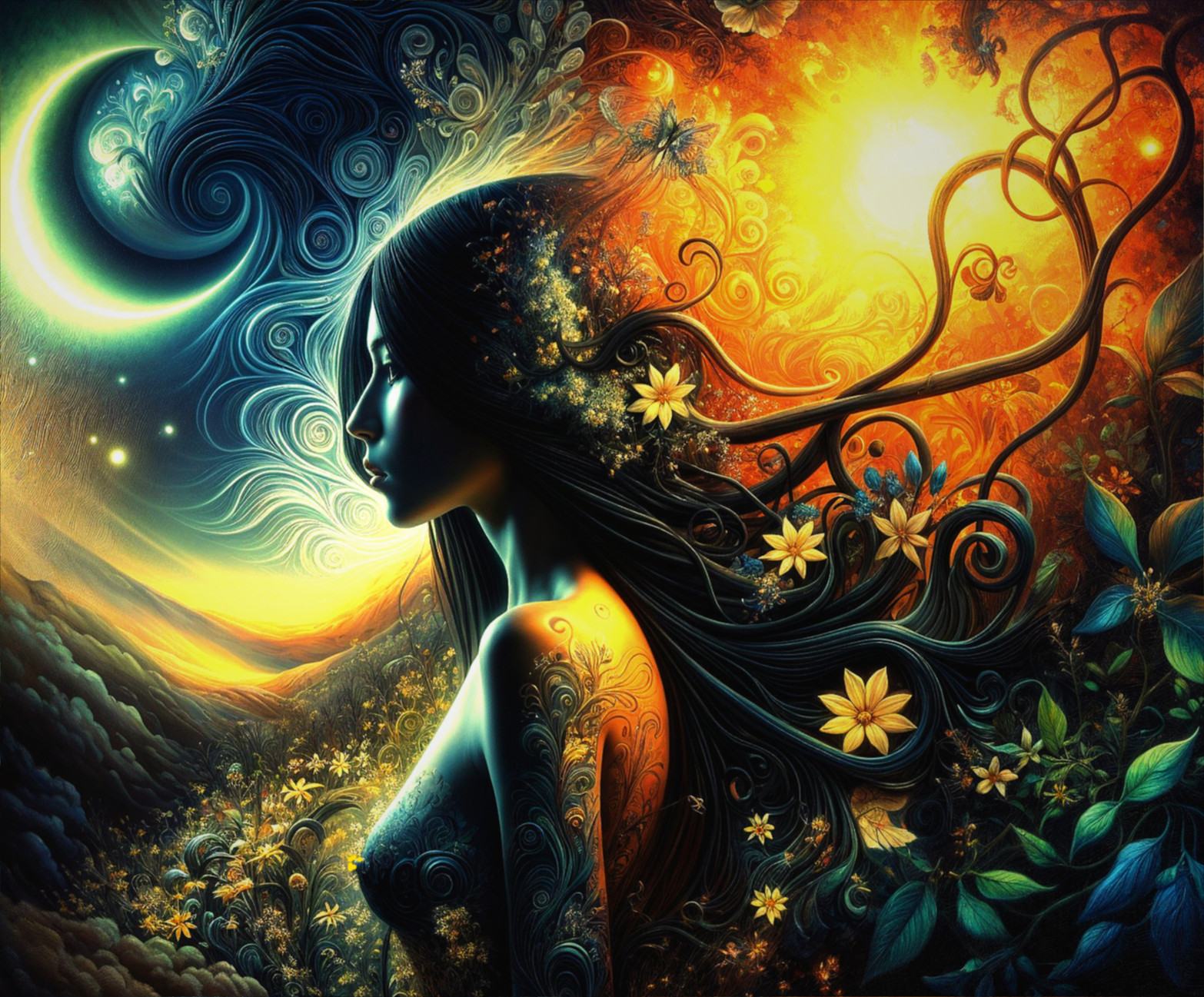 Artwork of a woman merging with nature's elements