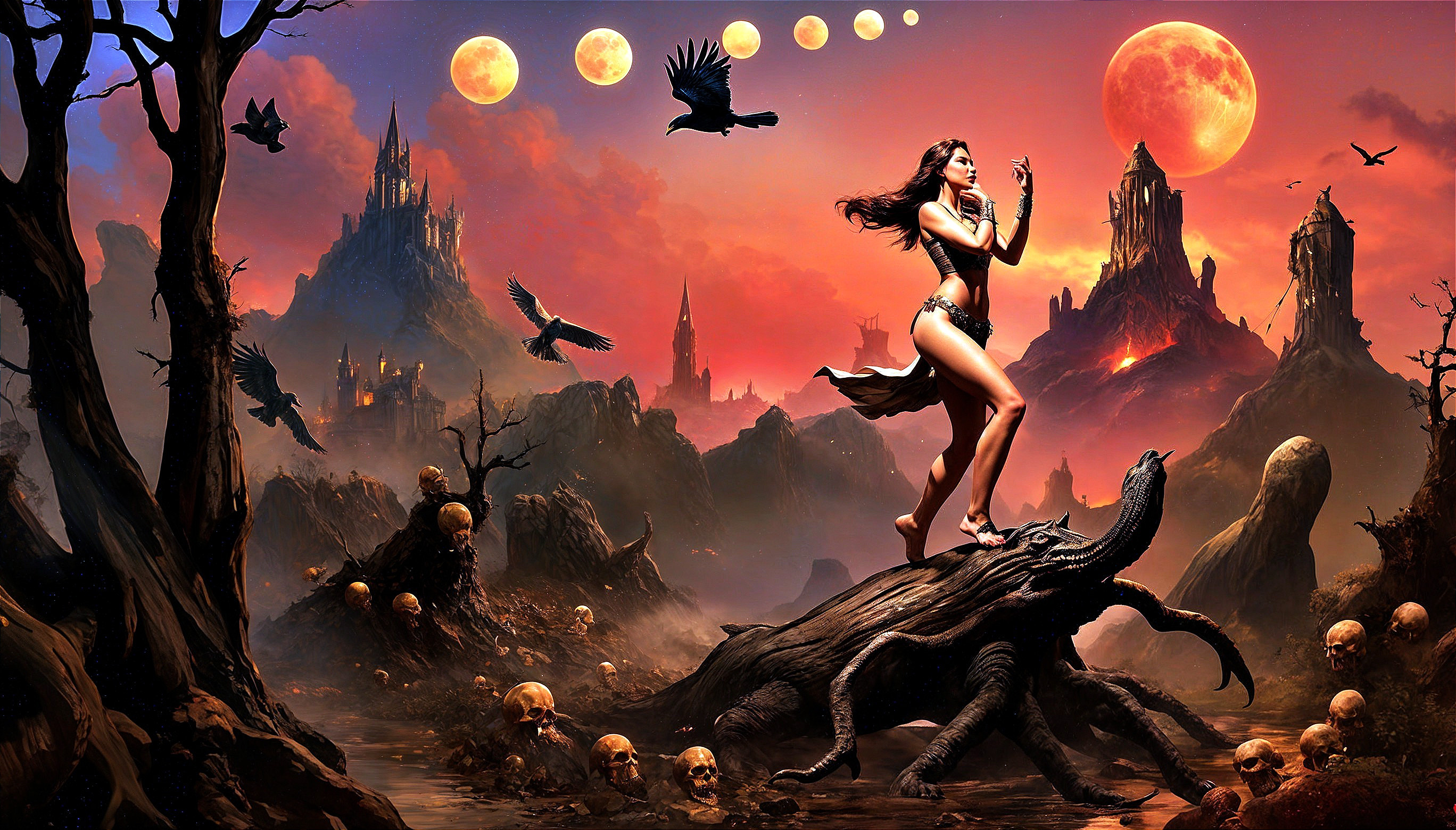 Warrior Woman in Mystical Landscape with Castles