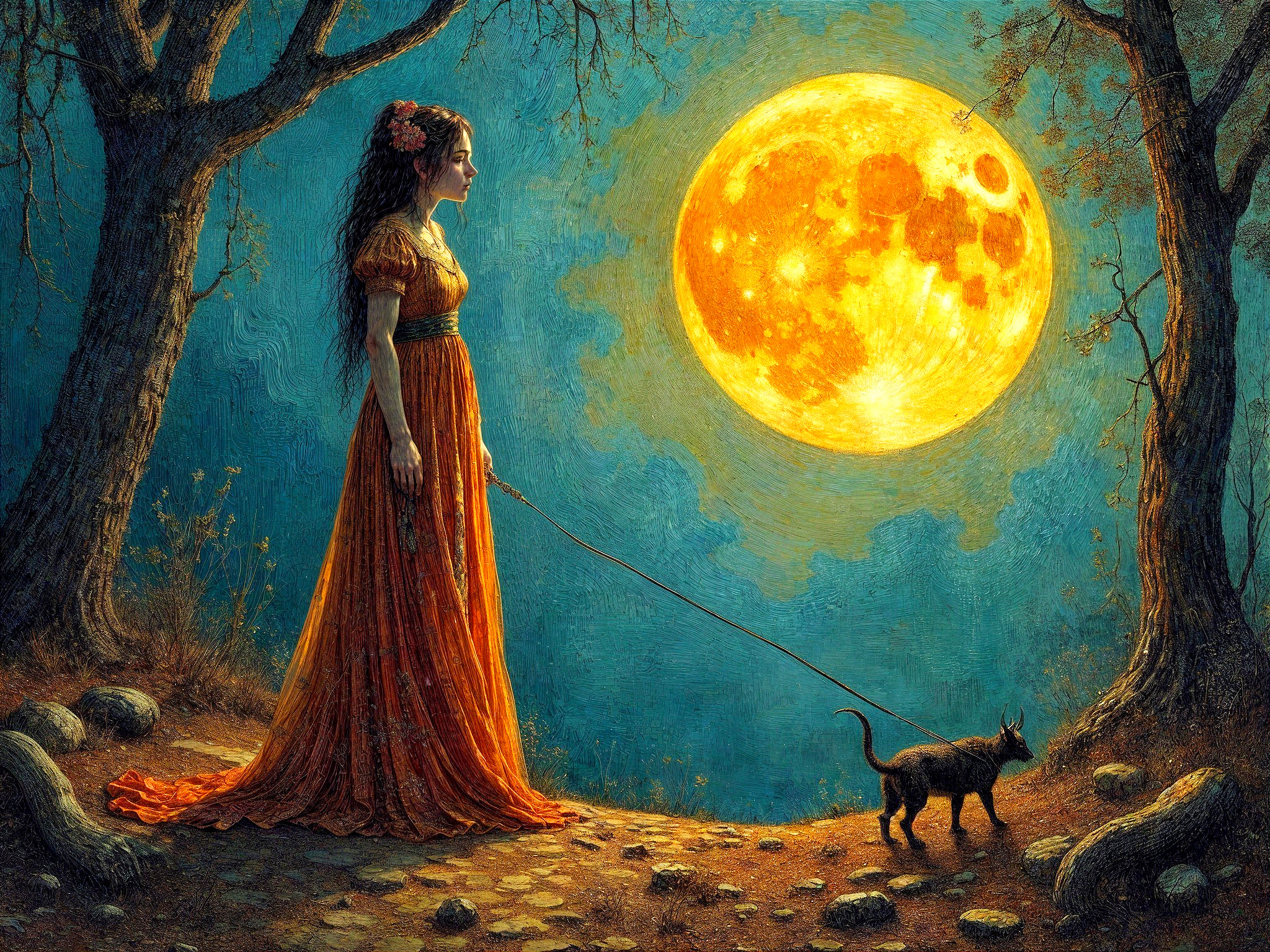 Mystical Night Scene with Woman and Black Cat