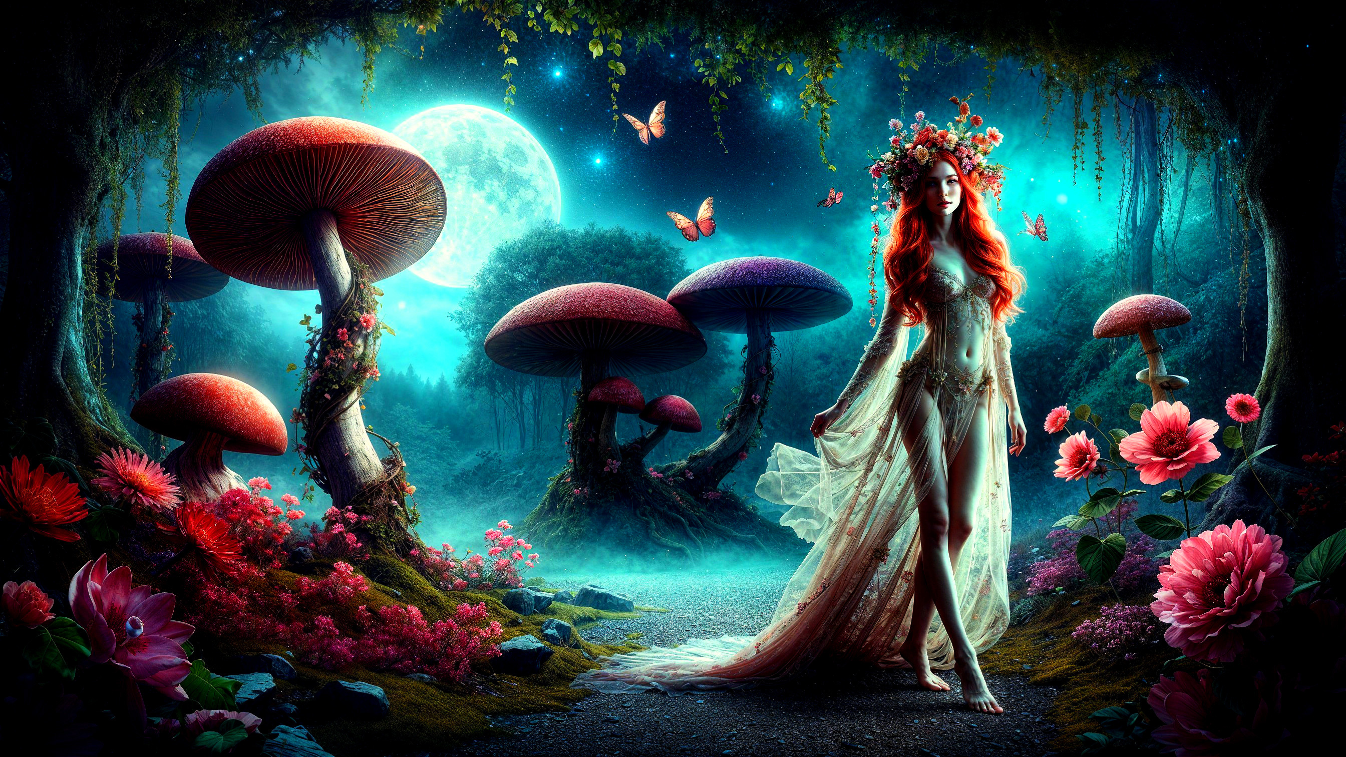 Mystical Forest Scene with Woman and Colorful Mushrooms