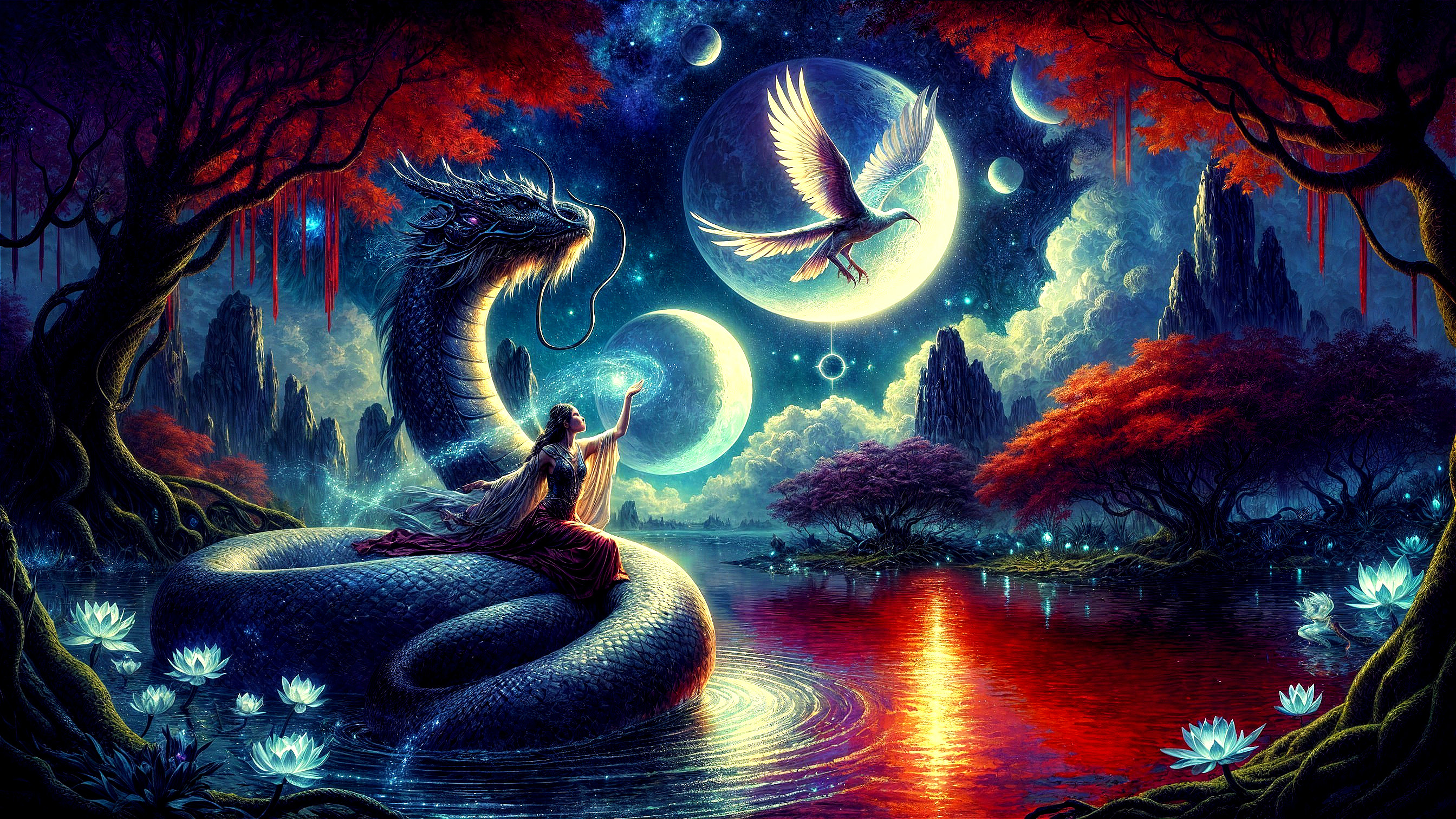 Mystical Woman on Serpent in Otherworldly Landscape