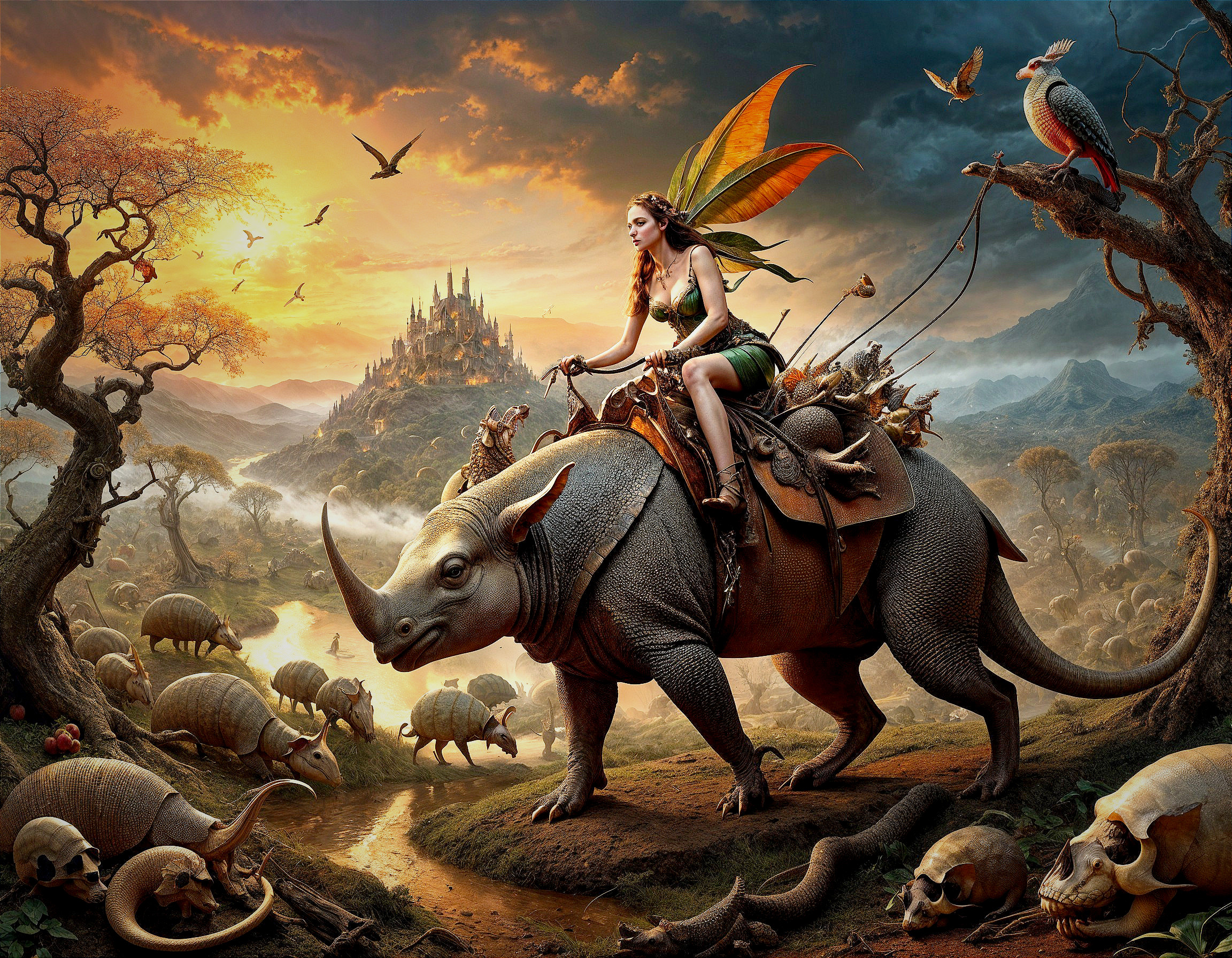 Woman with Wings Riding Armored Rhinoceros in Fantasy Landscape