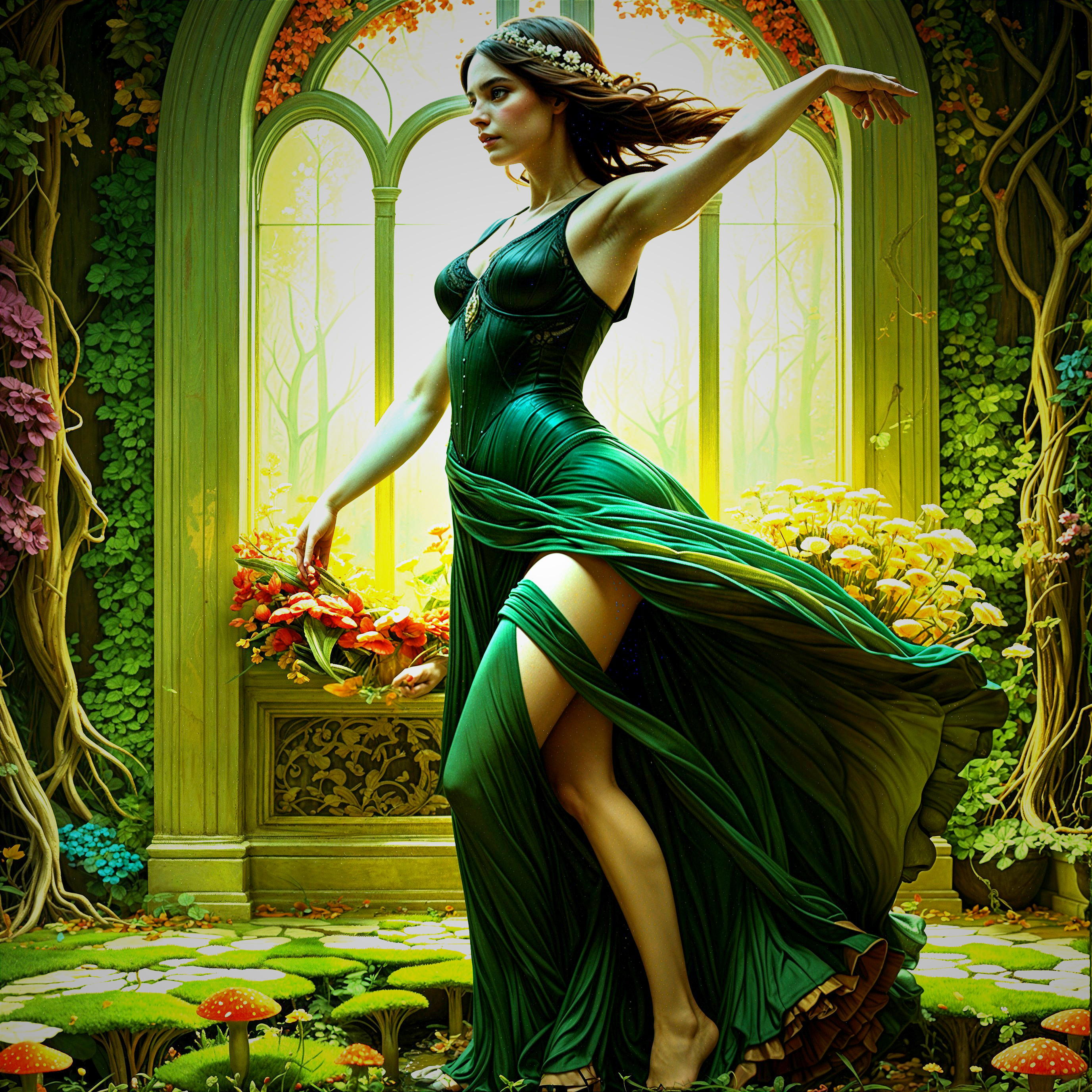 Dancer in Green Dress Amidst Enchanted Garden Setting