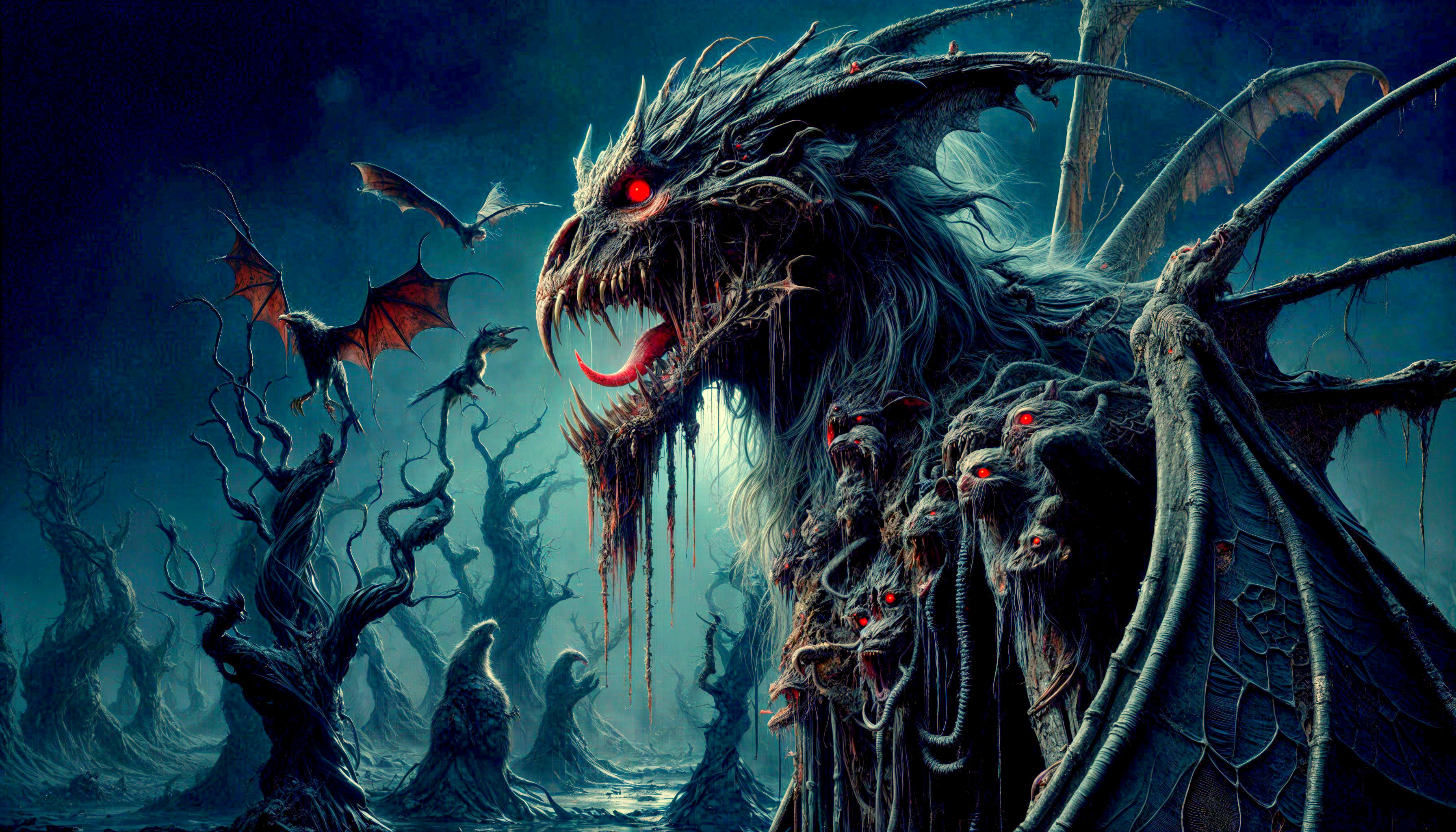 Dark Creature in Haunting Landscape with Fiery Eyes