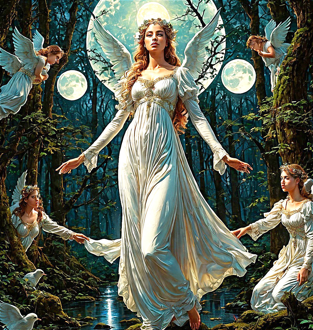 Angelic Figures in a Mystical Moonlit Forest