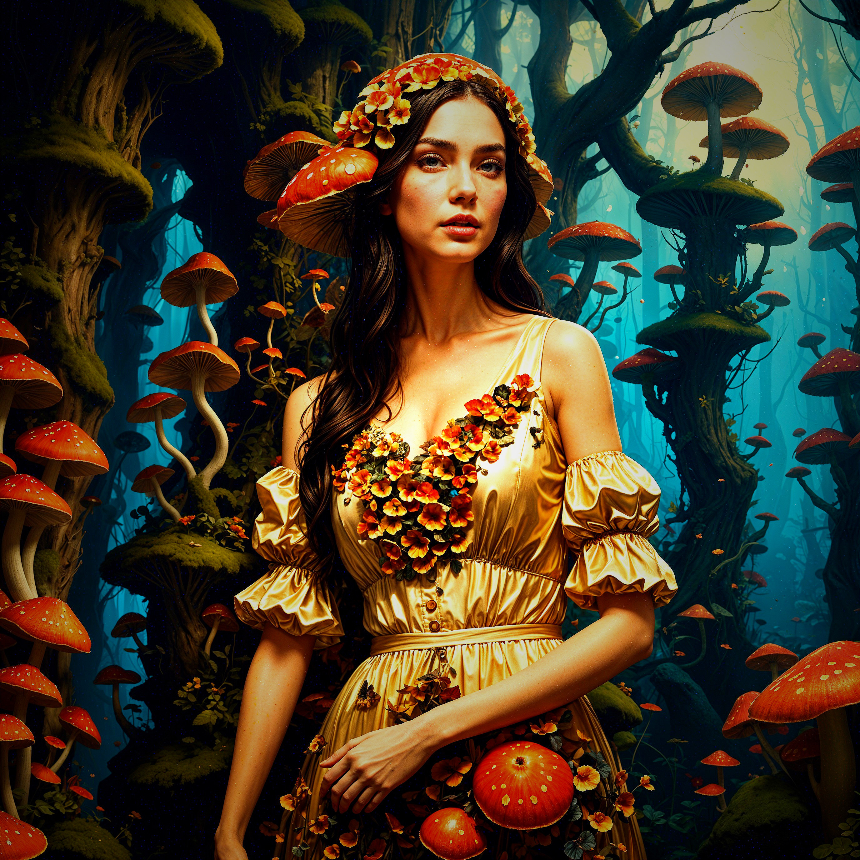 Mystical Forest Scene with Woman in Golden Dress