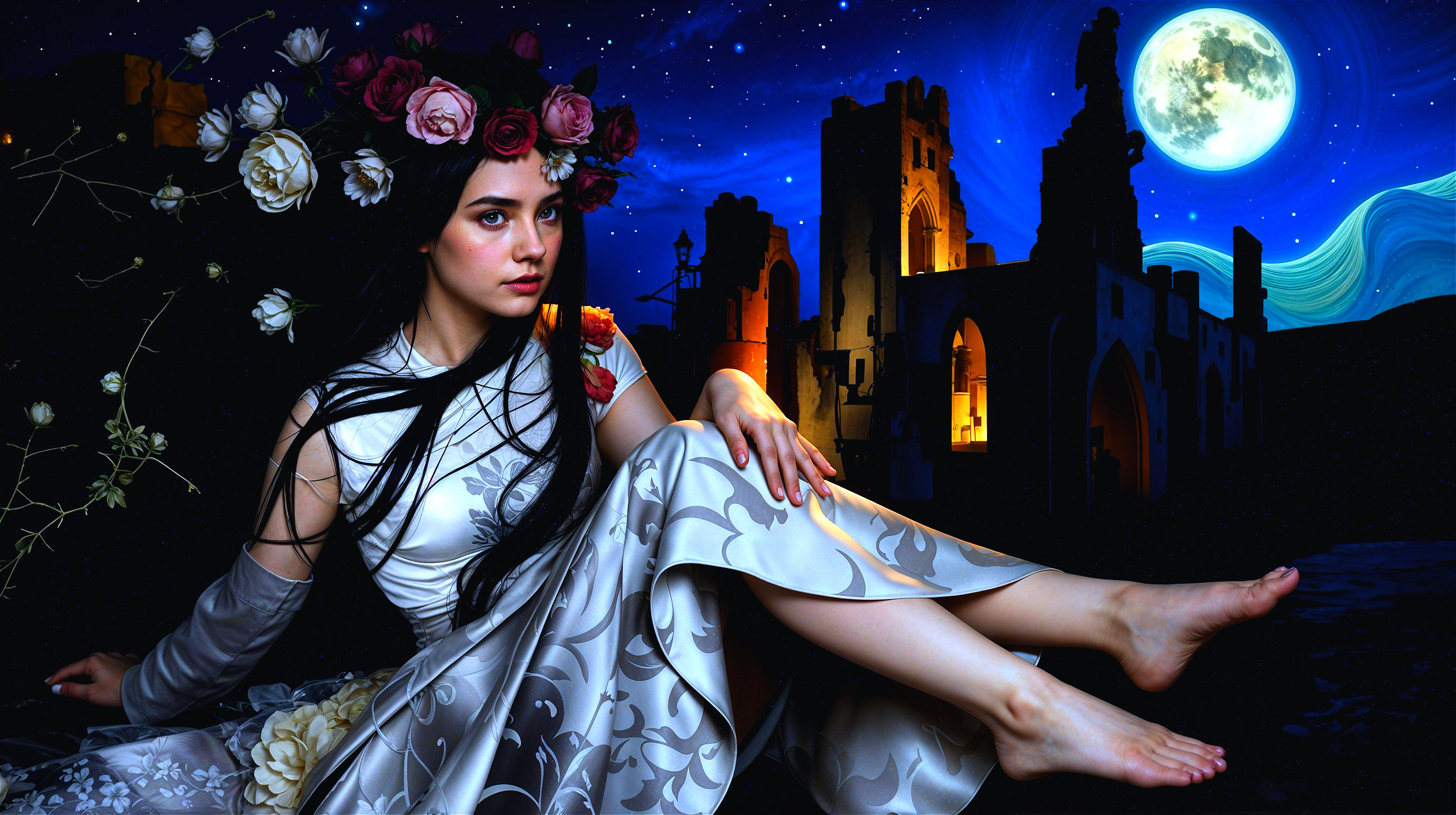 Elegant woman in patterned dress with night sky backdrop