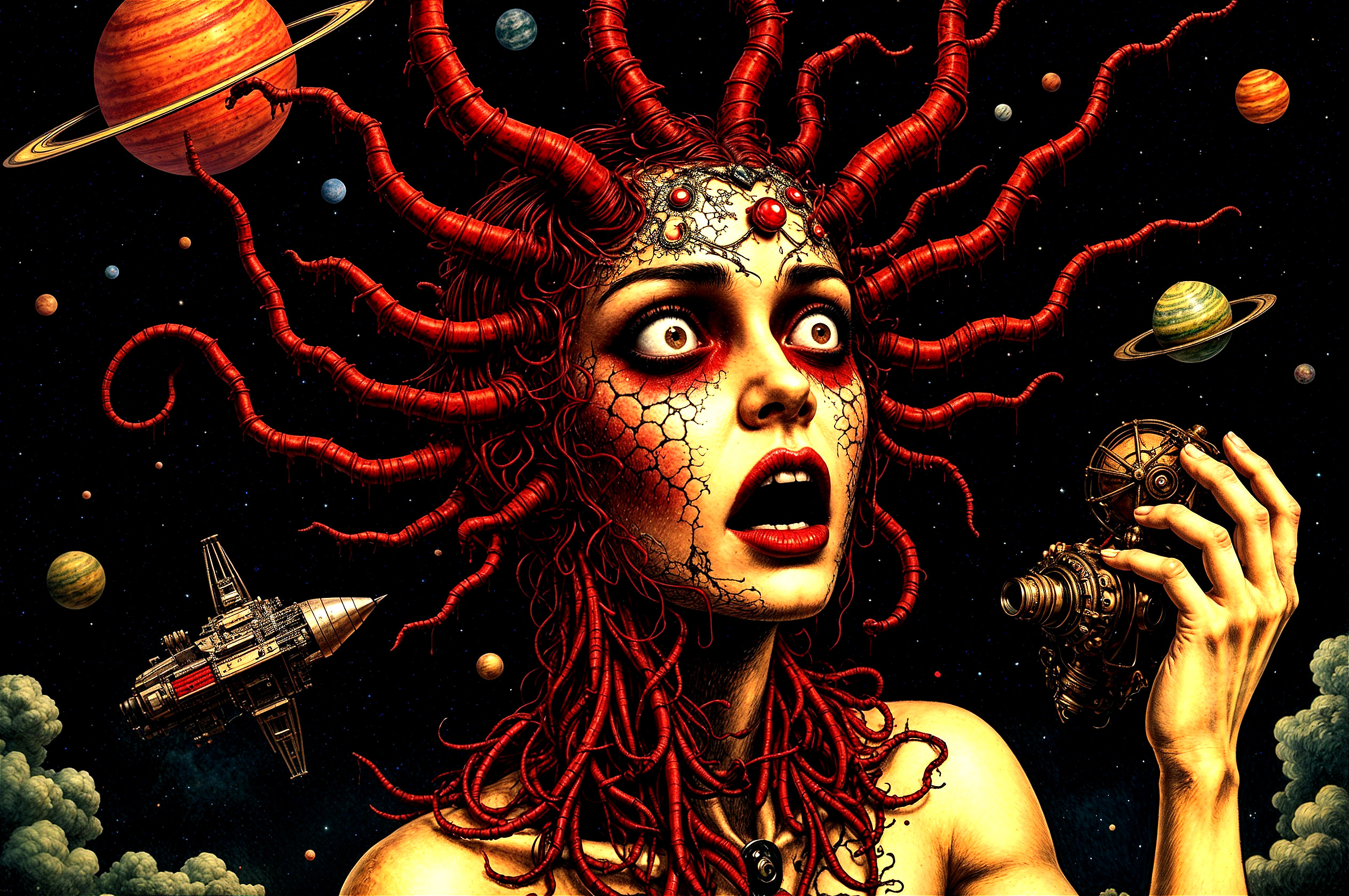 Woman with Red Snake Hair in Cosmic Scene