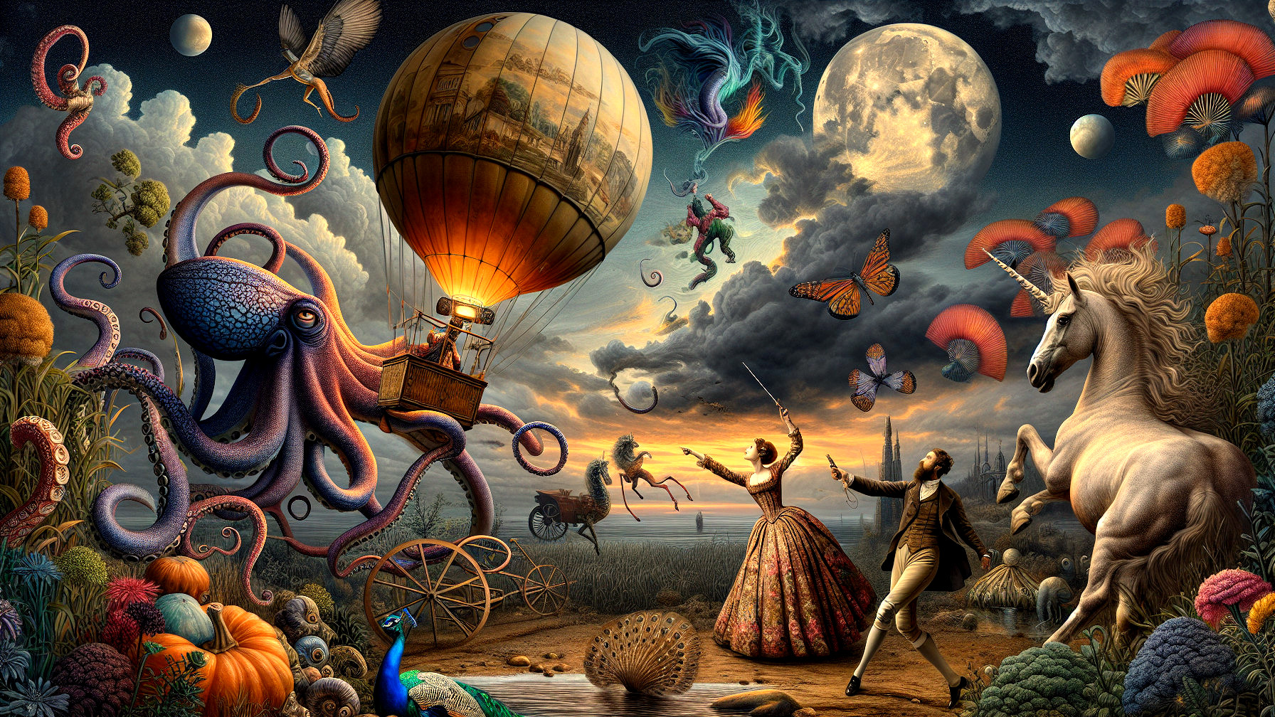 Hot Air Balloon Over Surreal Landscape with Whimsy