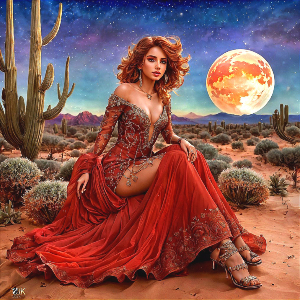 Woman in Red Gown in Desert Under Full Moon