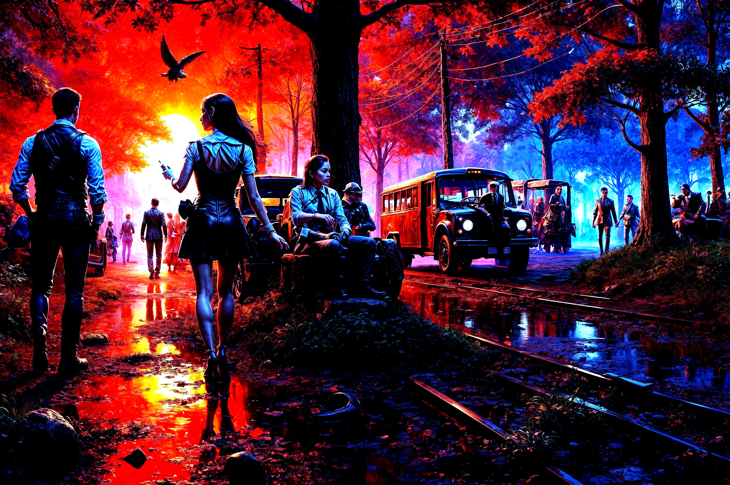Surreal Colorful Street Scene with Autumn Foliage