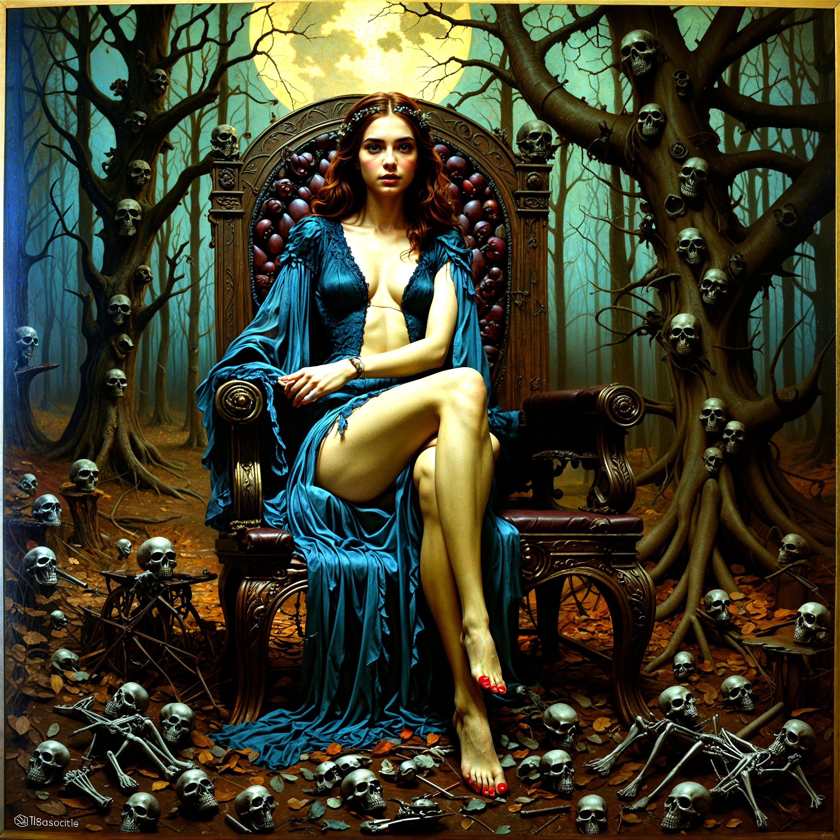 Mysterious Figure on Ornate Throne in Dark Forest