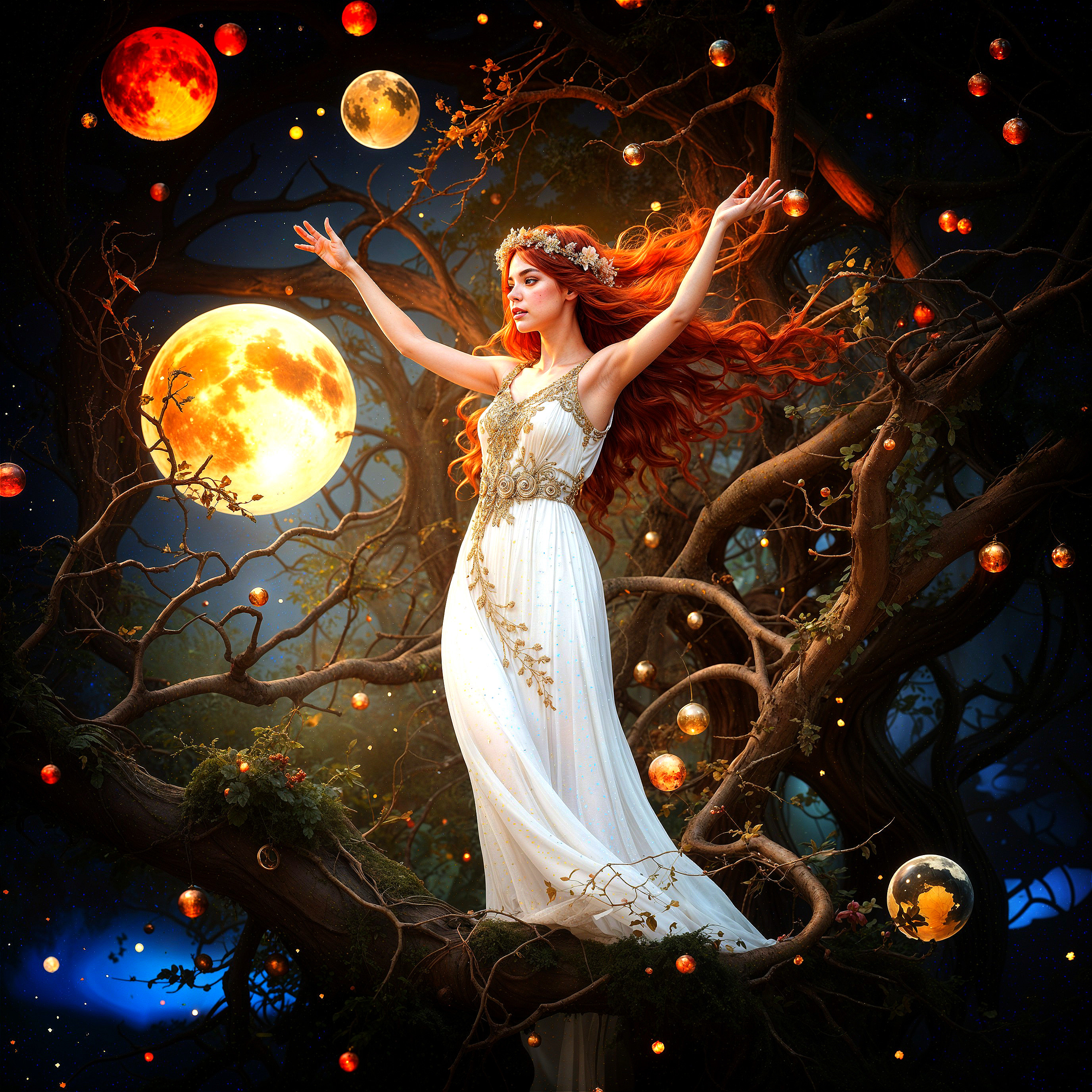 Mystical Scene of Woman in White Gown Under Stars