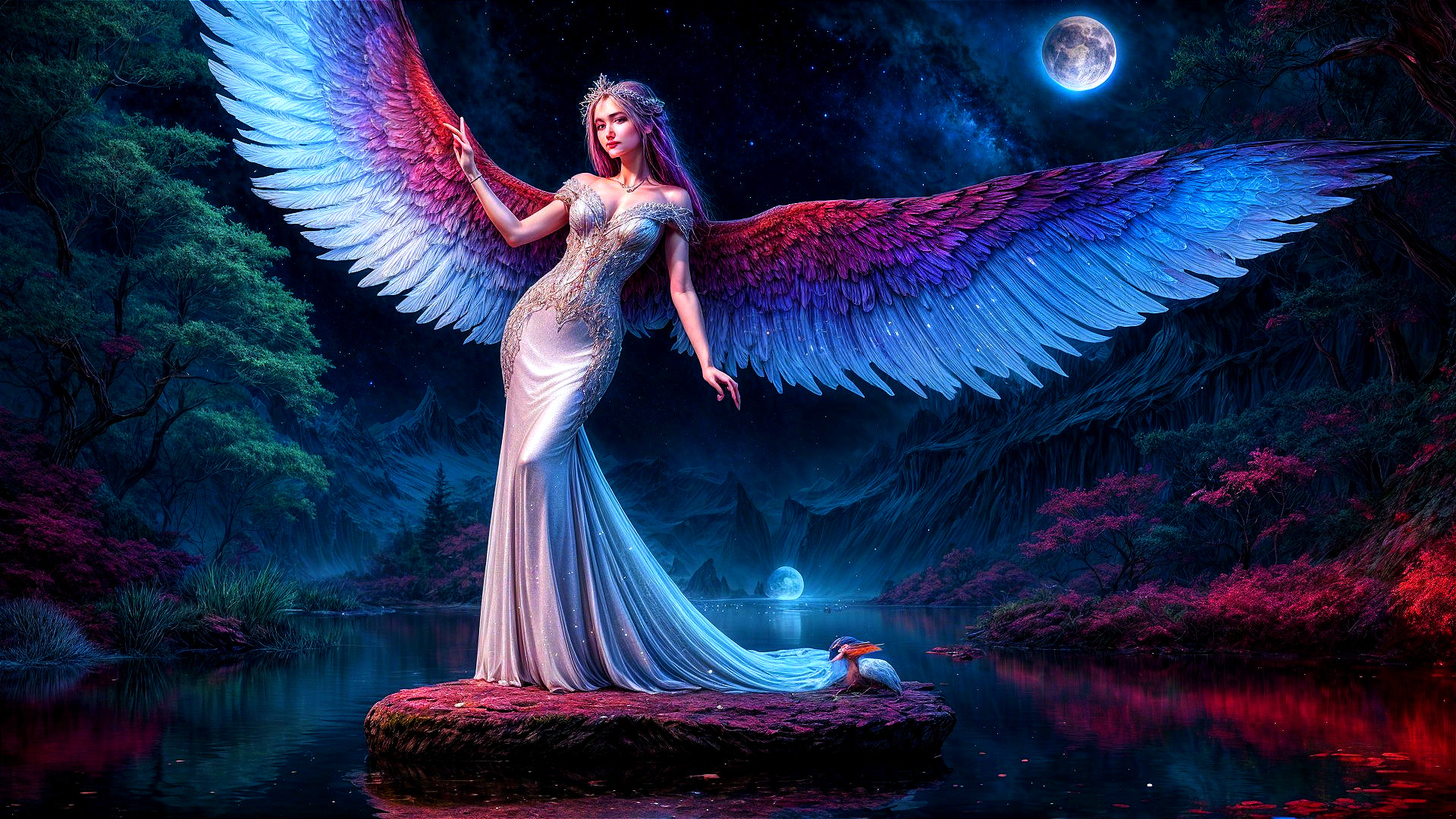 Majestic Woman with Colorful Wings by Tranquil Lake