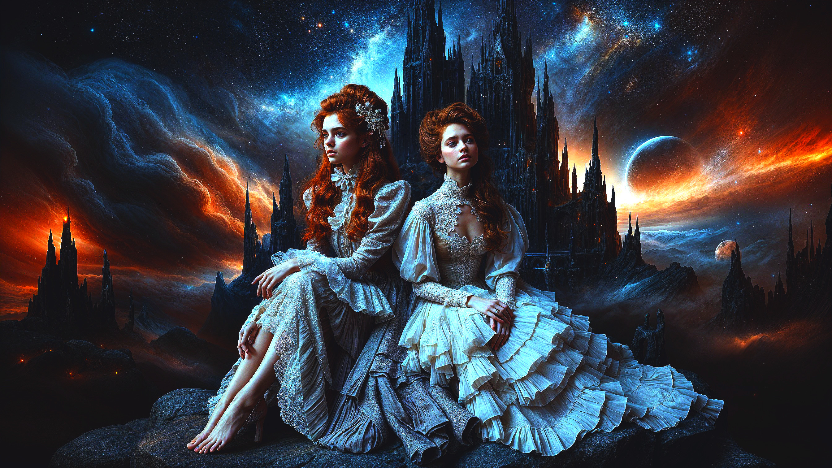 Ethereal Women in Cosmic Landscape with Castle Backdrop