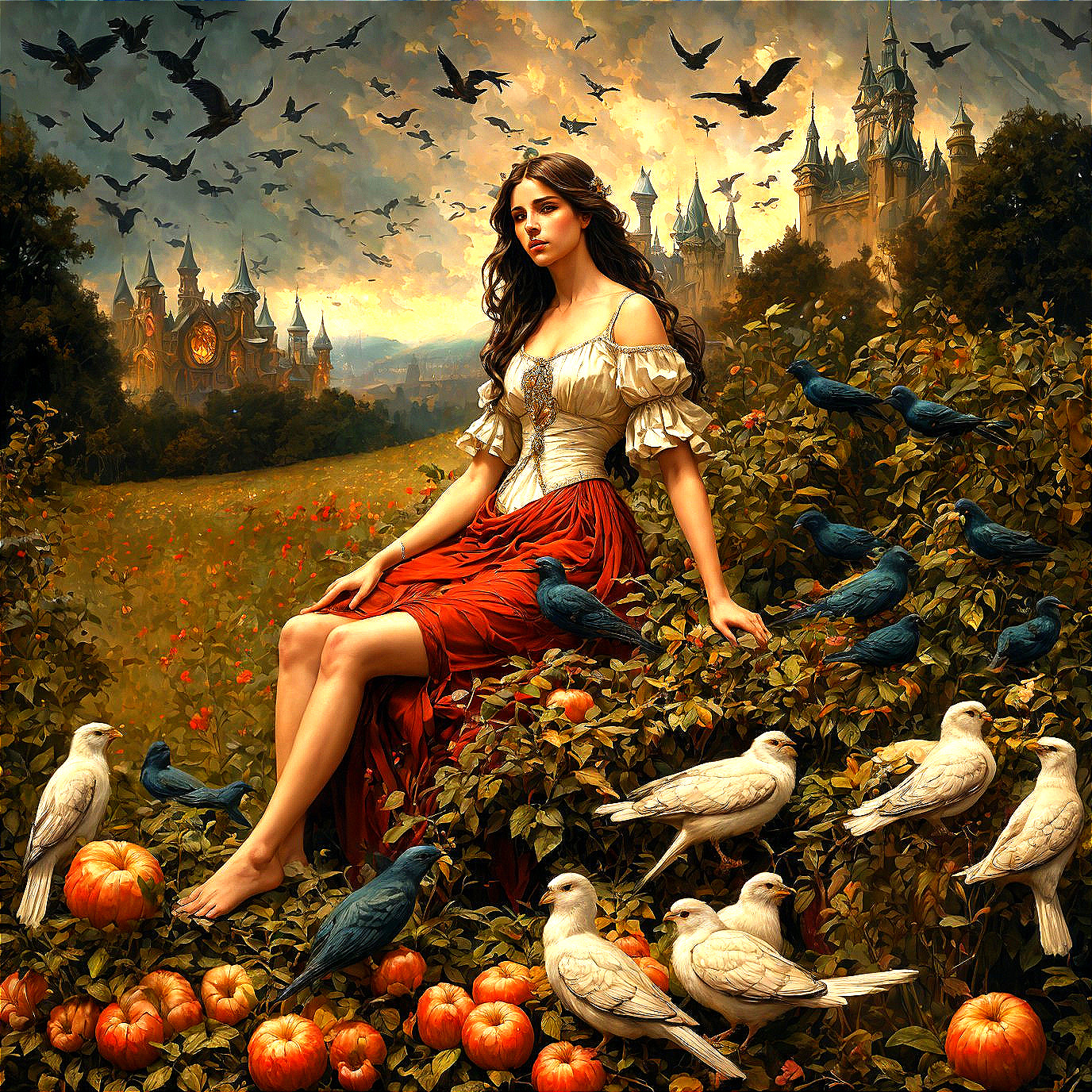 Serene Figure in Red Dress Surrounded by Nature and Fantasy
