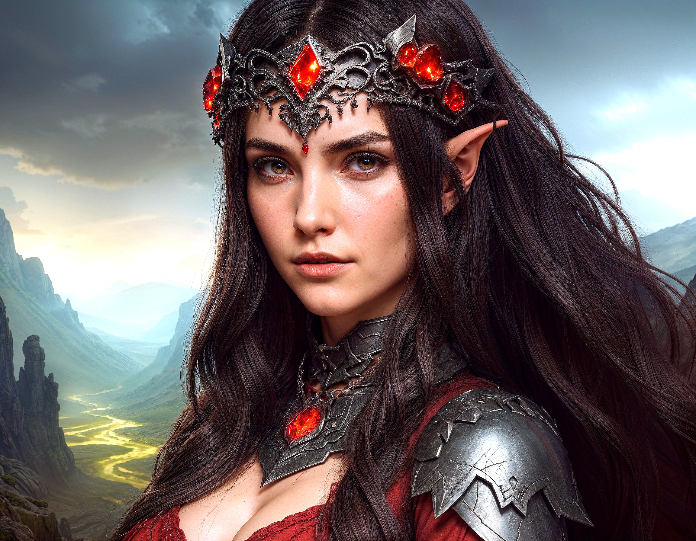 Mystical Elven Queen in Ornate Armor and Crown