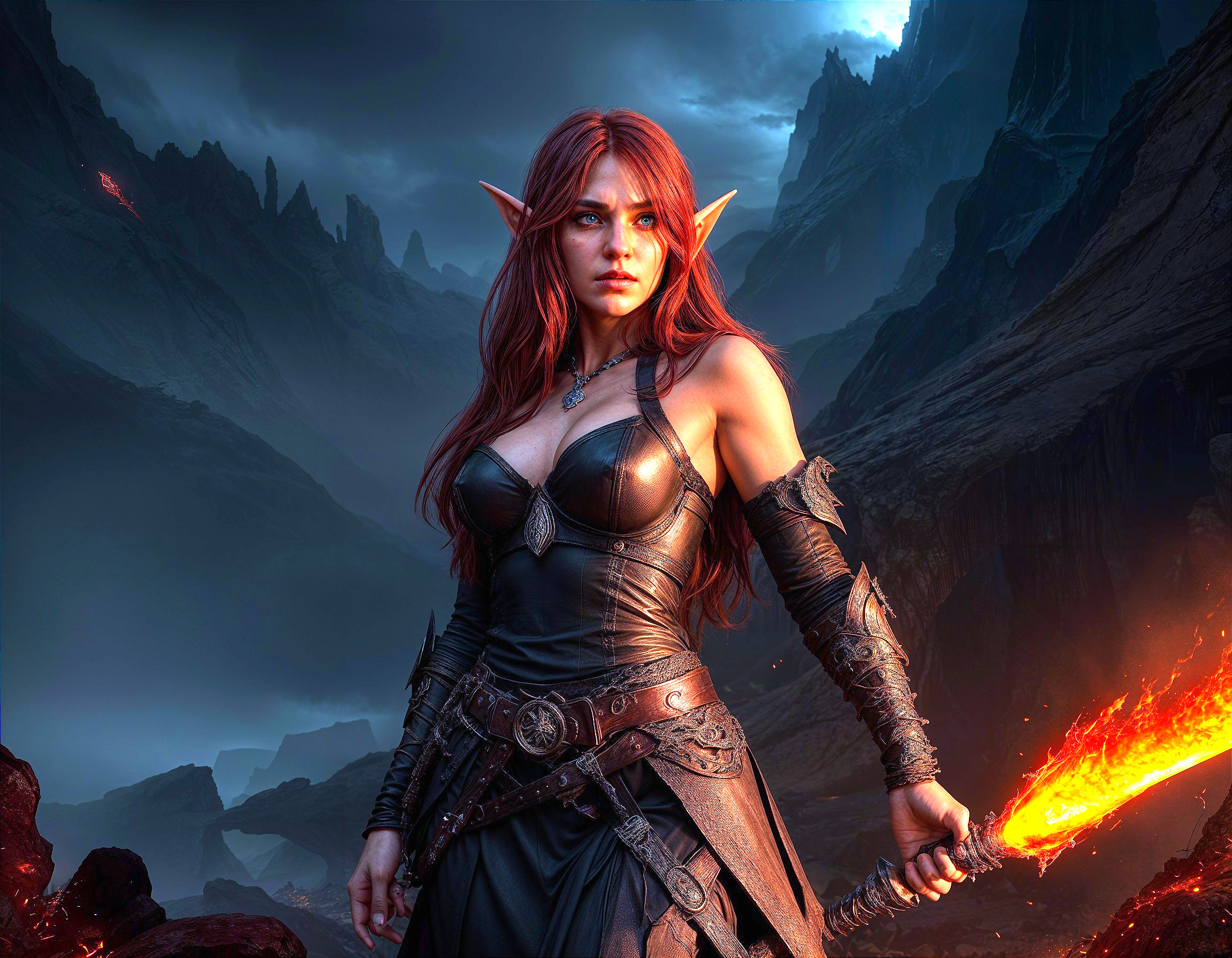 Elven Warrior in Dramatic Rocky Landscape with Sword