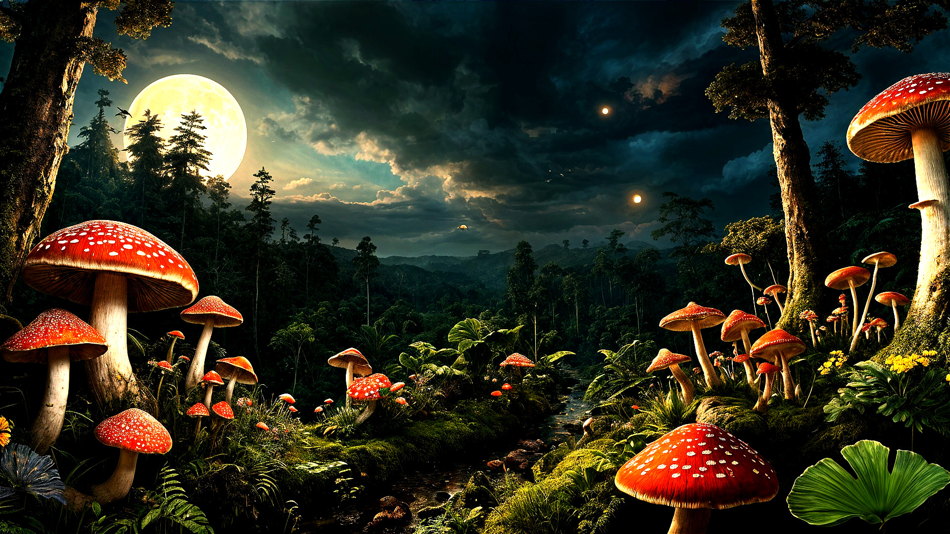 Mystical Landscape with Red Mushrooms and Moonlight