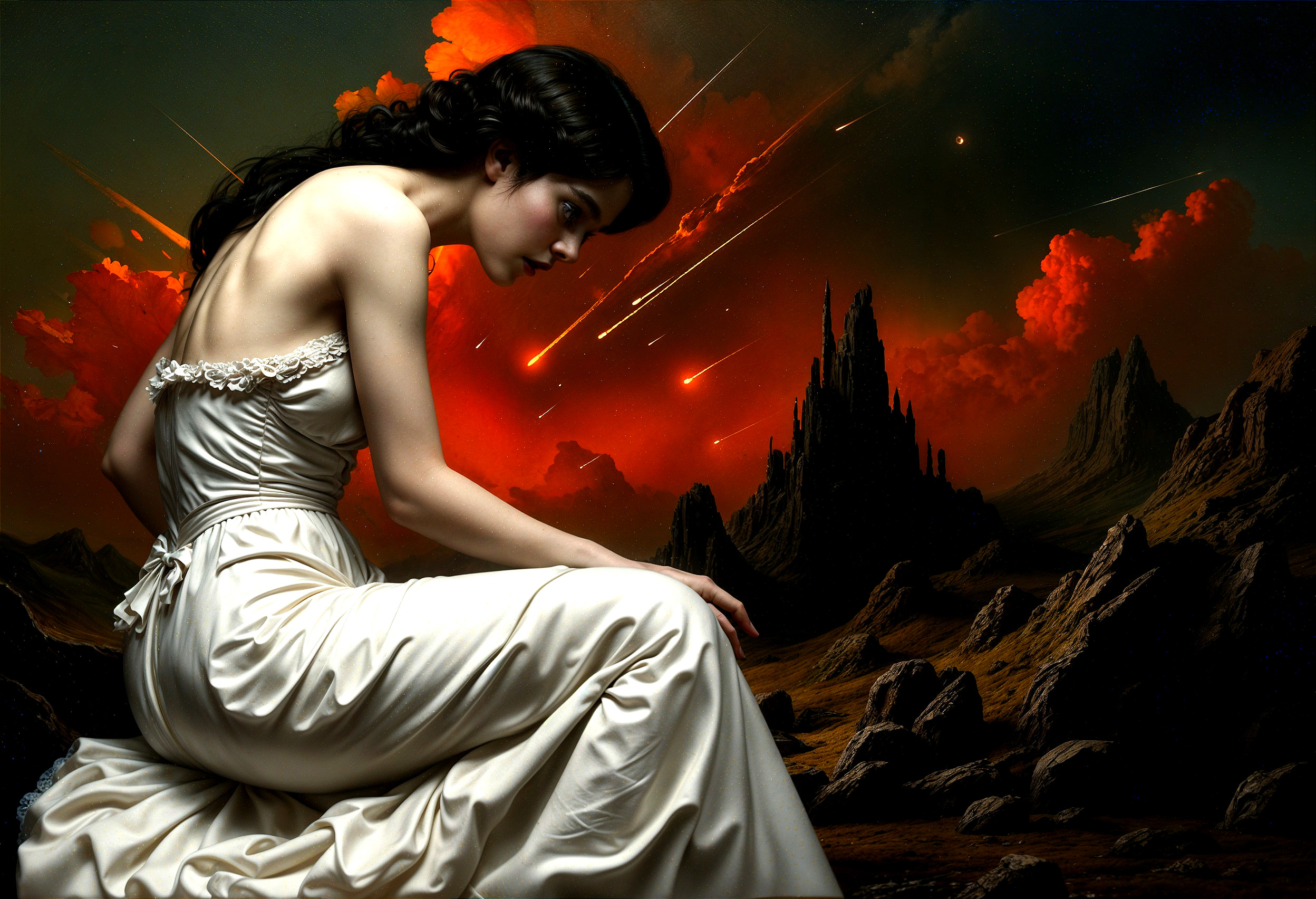 Woman in White Gown on Rocky Terrain with Dramatic Sky