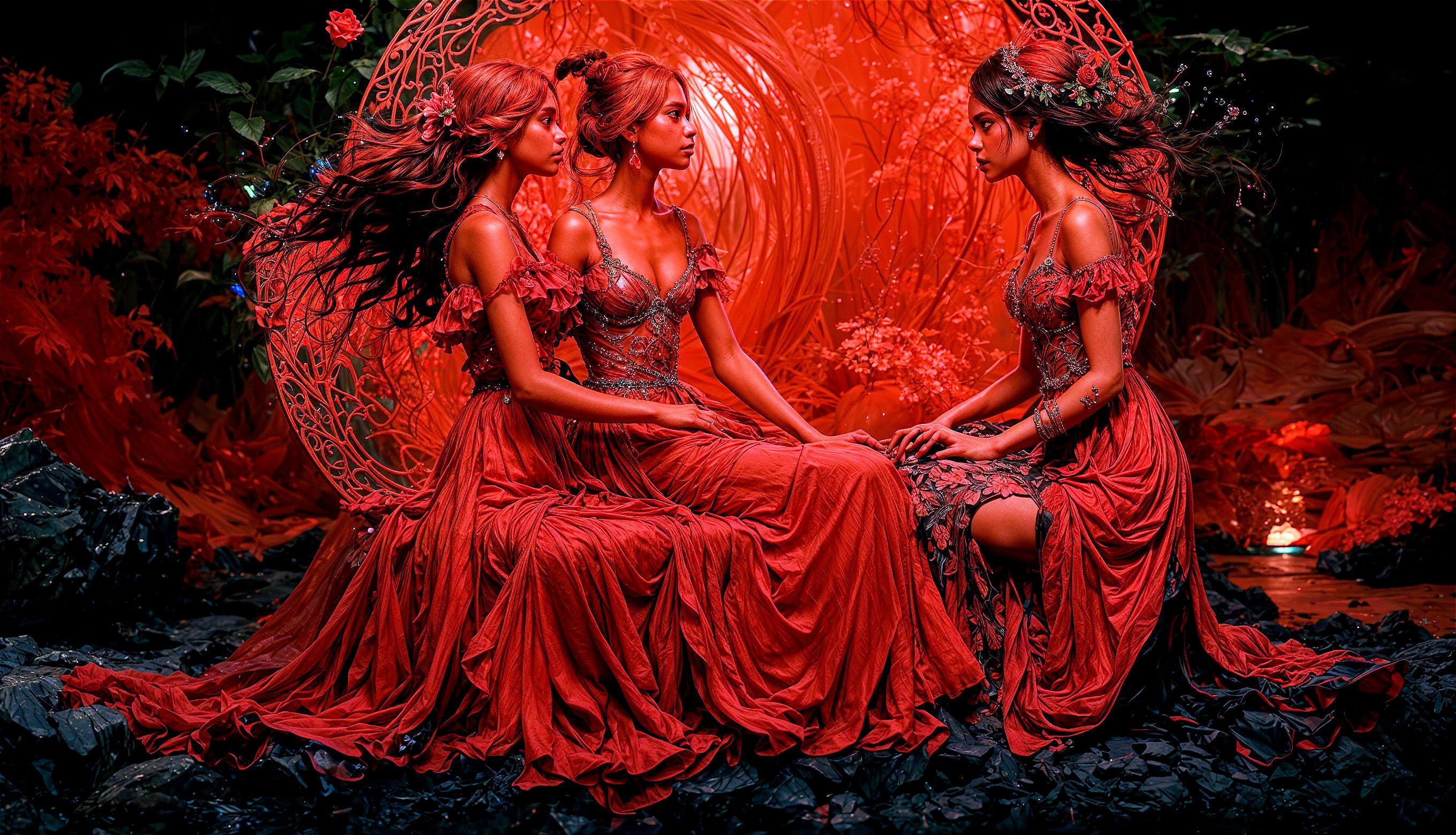 Three Women in Red Gowns in Fiery Enchanting Setting