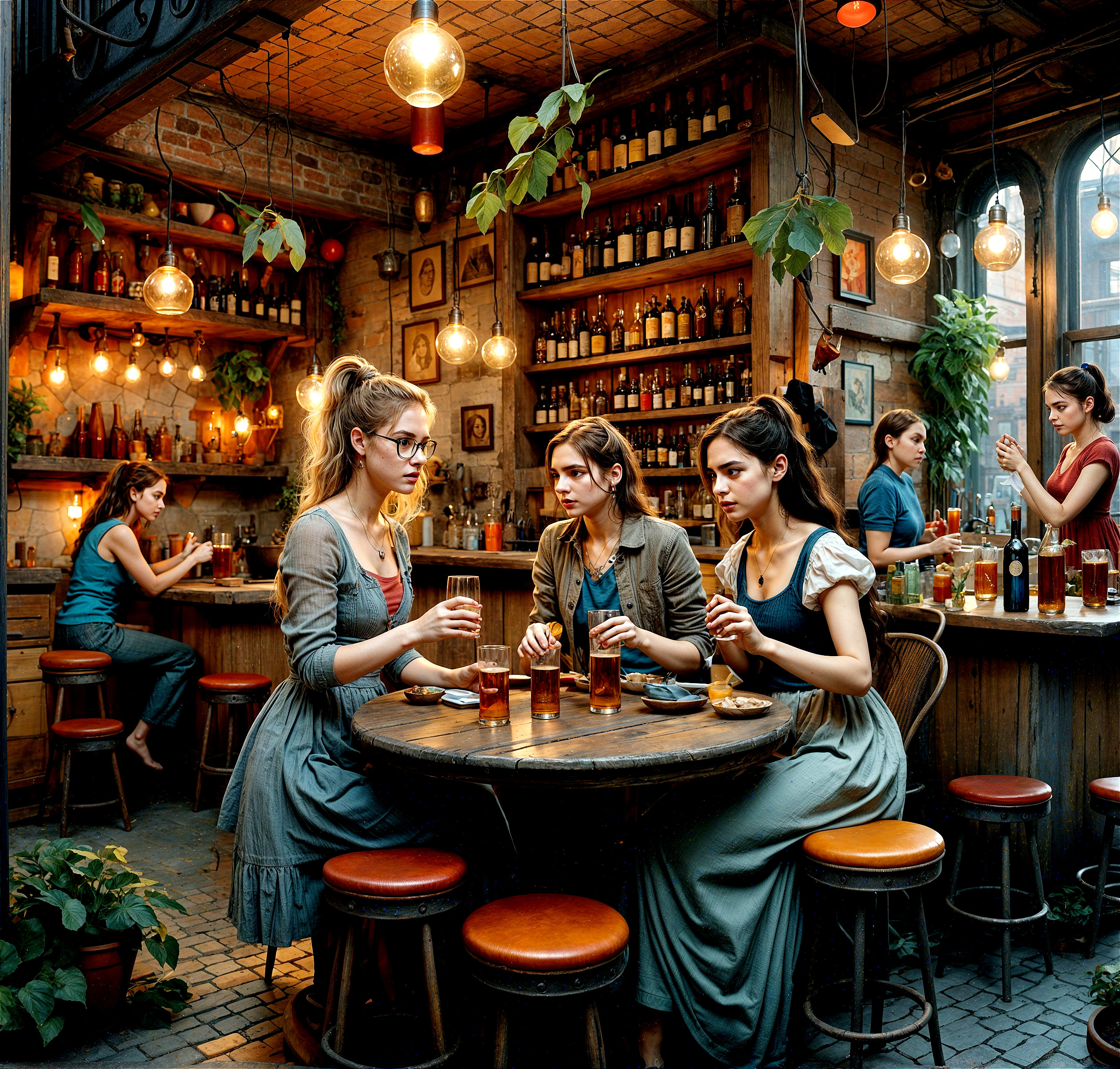 Cozy bar setting with plants and warm lighting