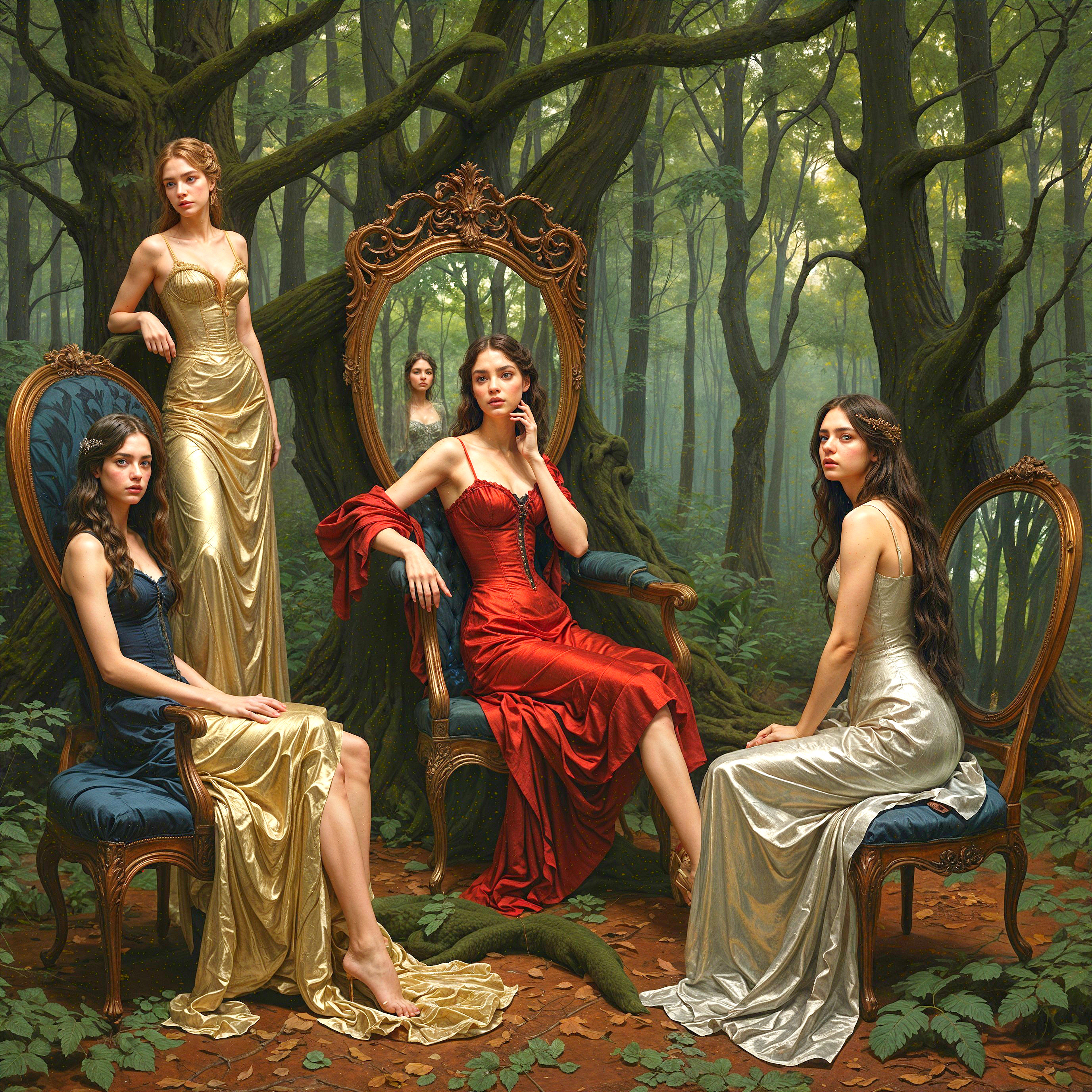 Four Elegantly Dressed Women in a Mystical Forest