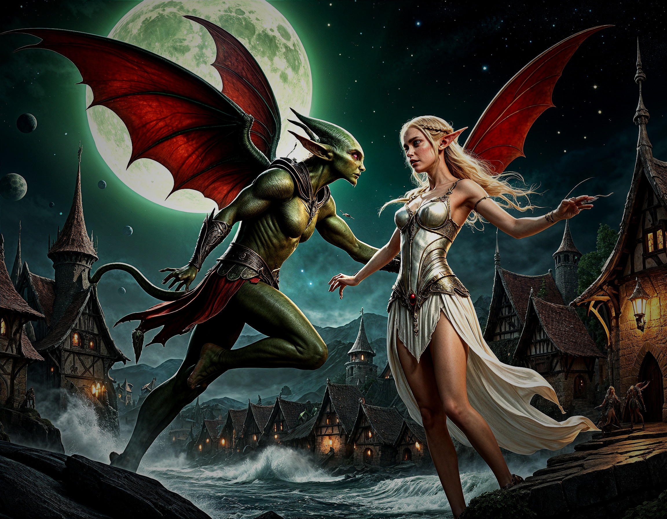 Demon and Elven Warrior in Mystical Moonlit Landscape