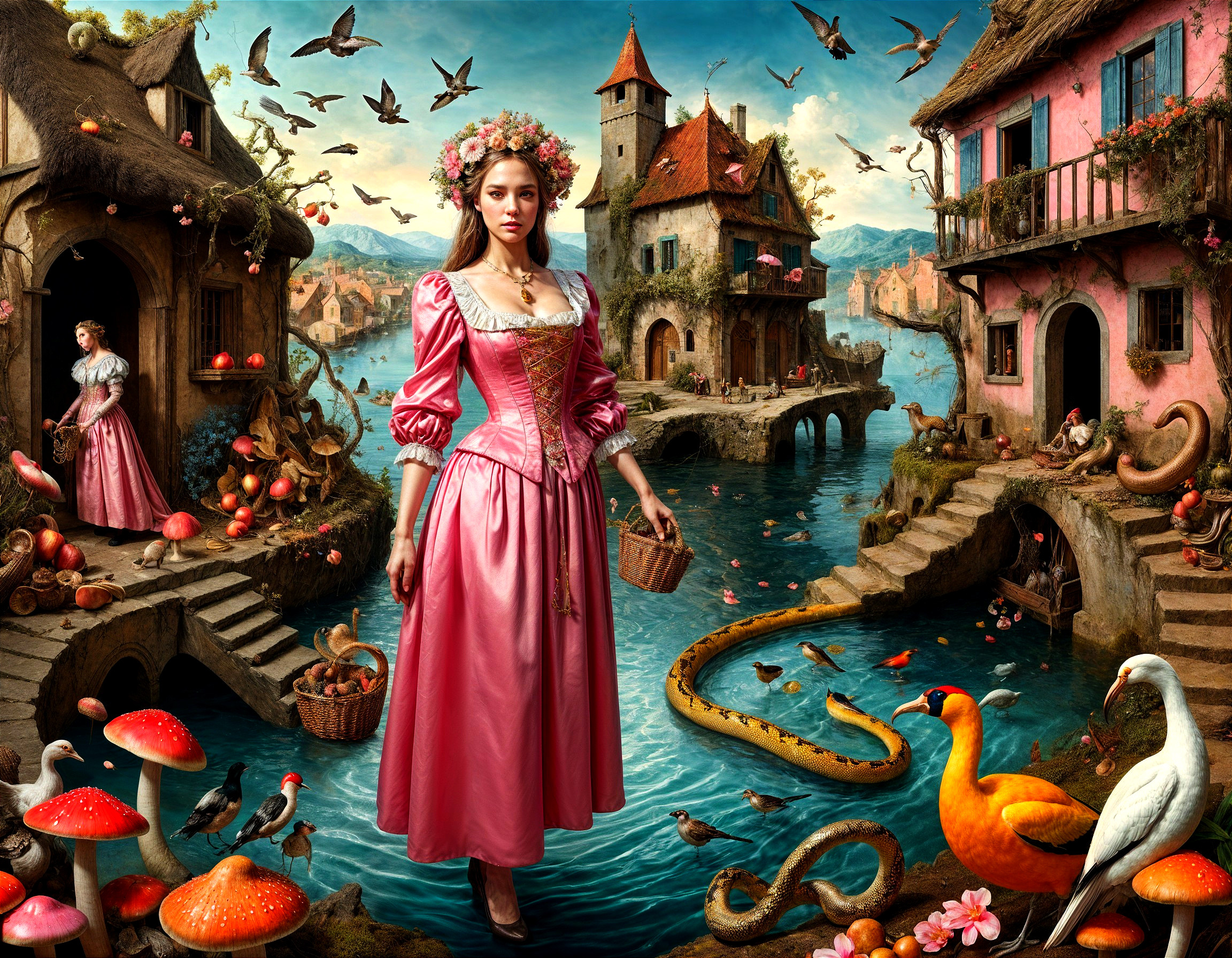 Woman in Pink Dress by Serene Waterway Scene