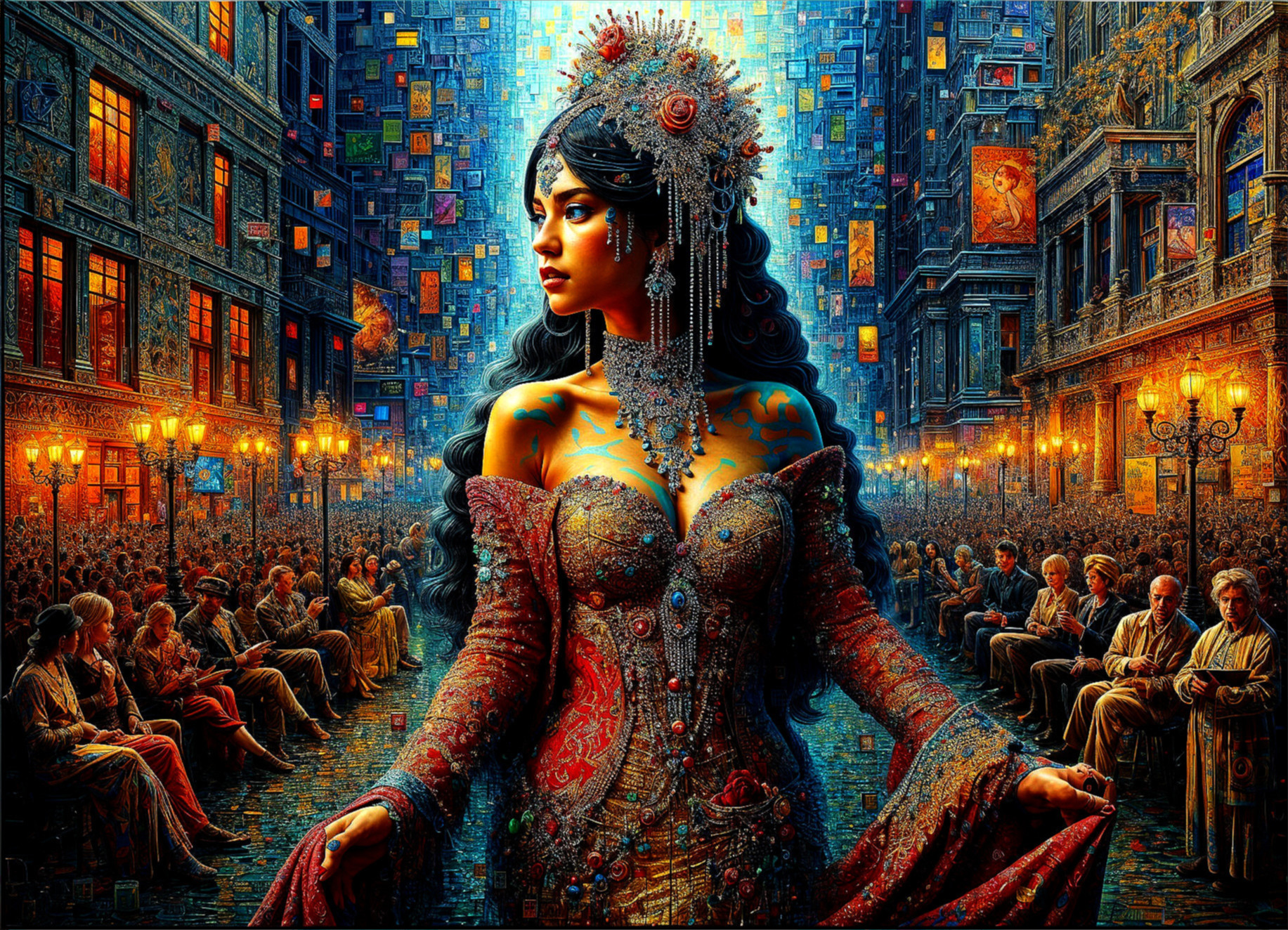 Striking Woman in Ornate Dress Amid Vibrant Urban Scene