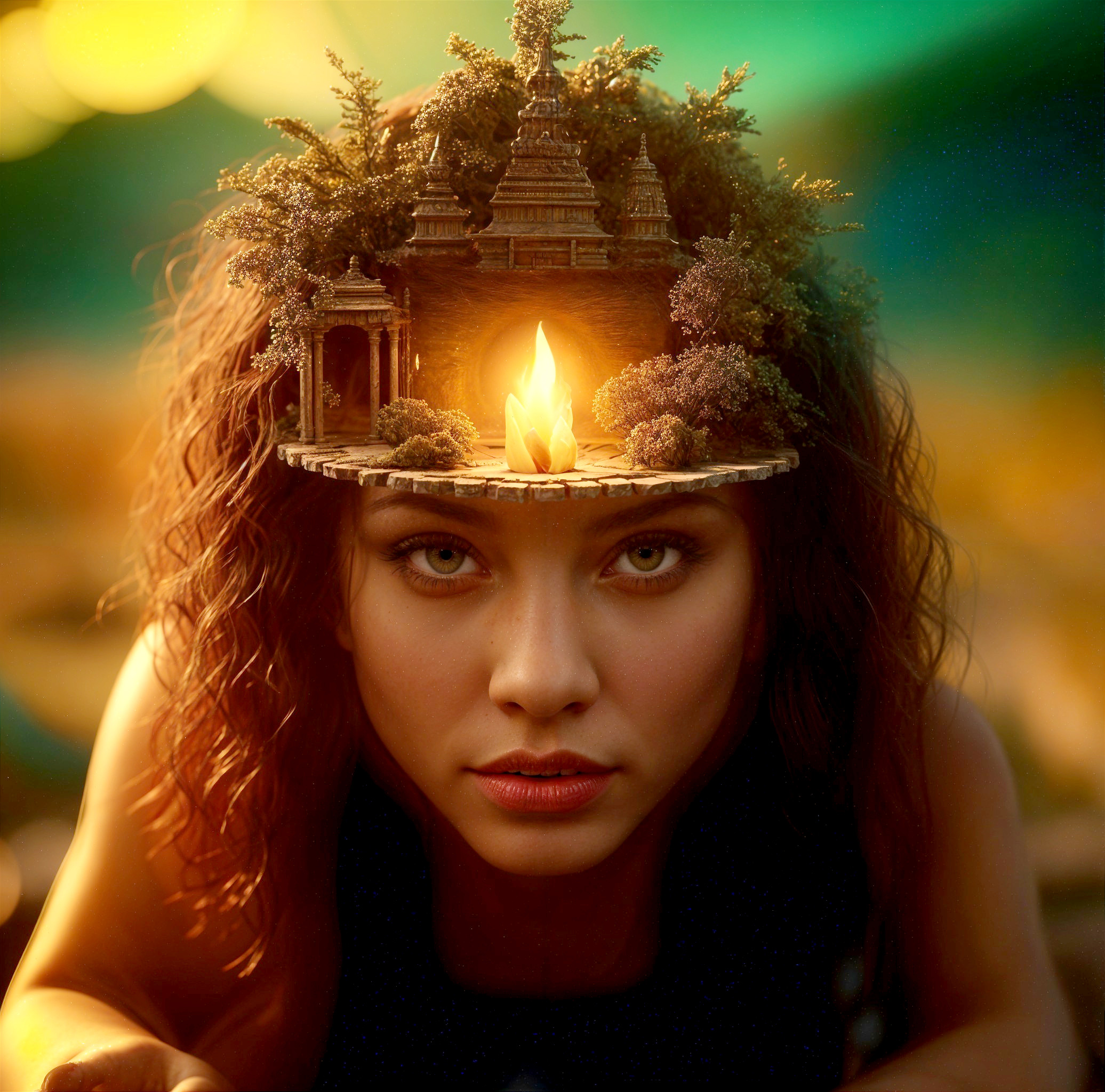 Serene Woman with Curly Hair and Vibrant Diorama