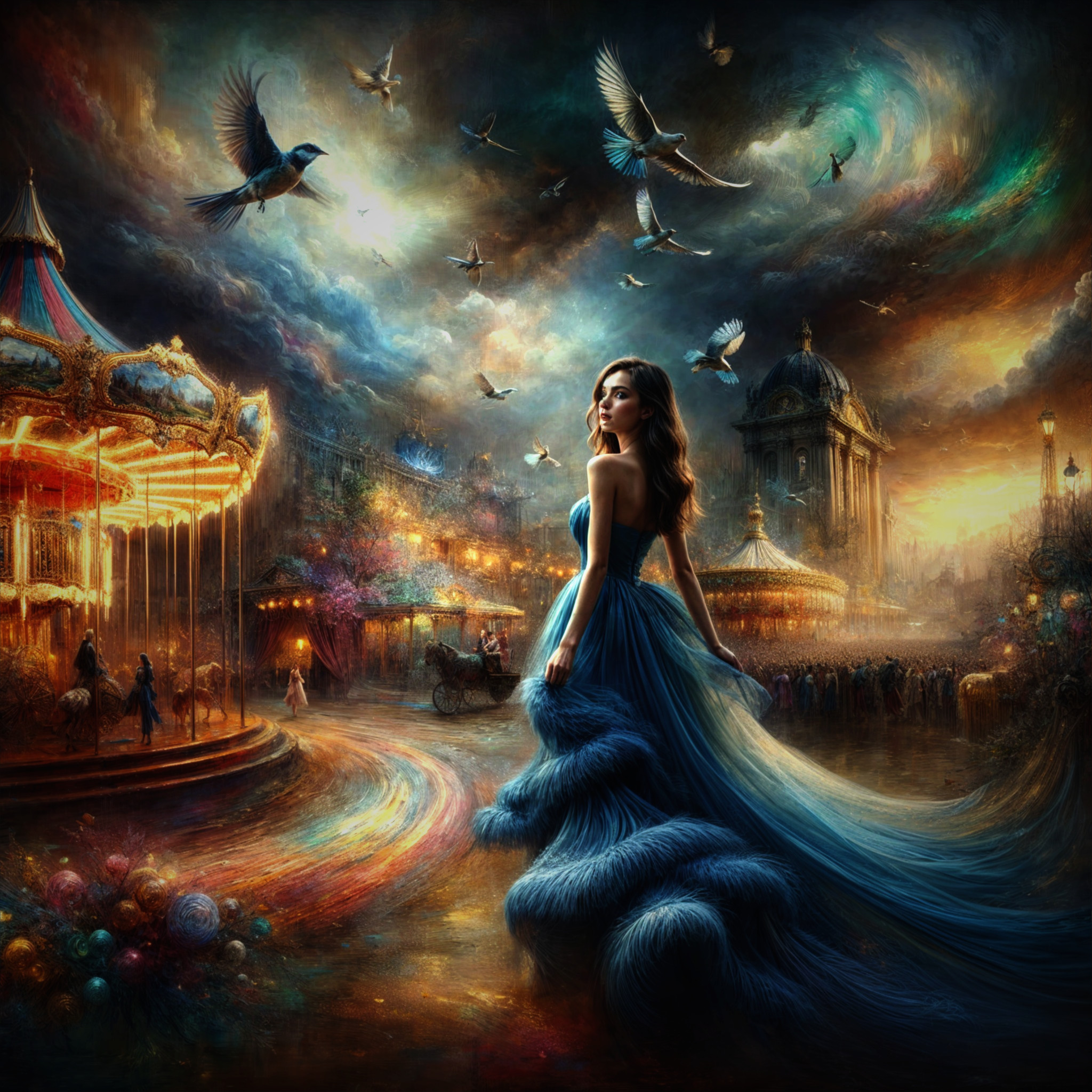 Mystical Woman in Blue Gown at Vibrant Carnival Scene