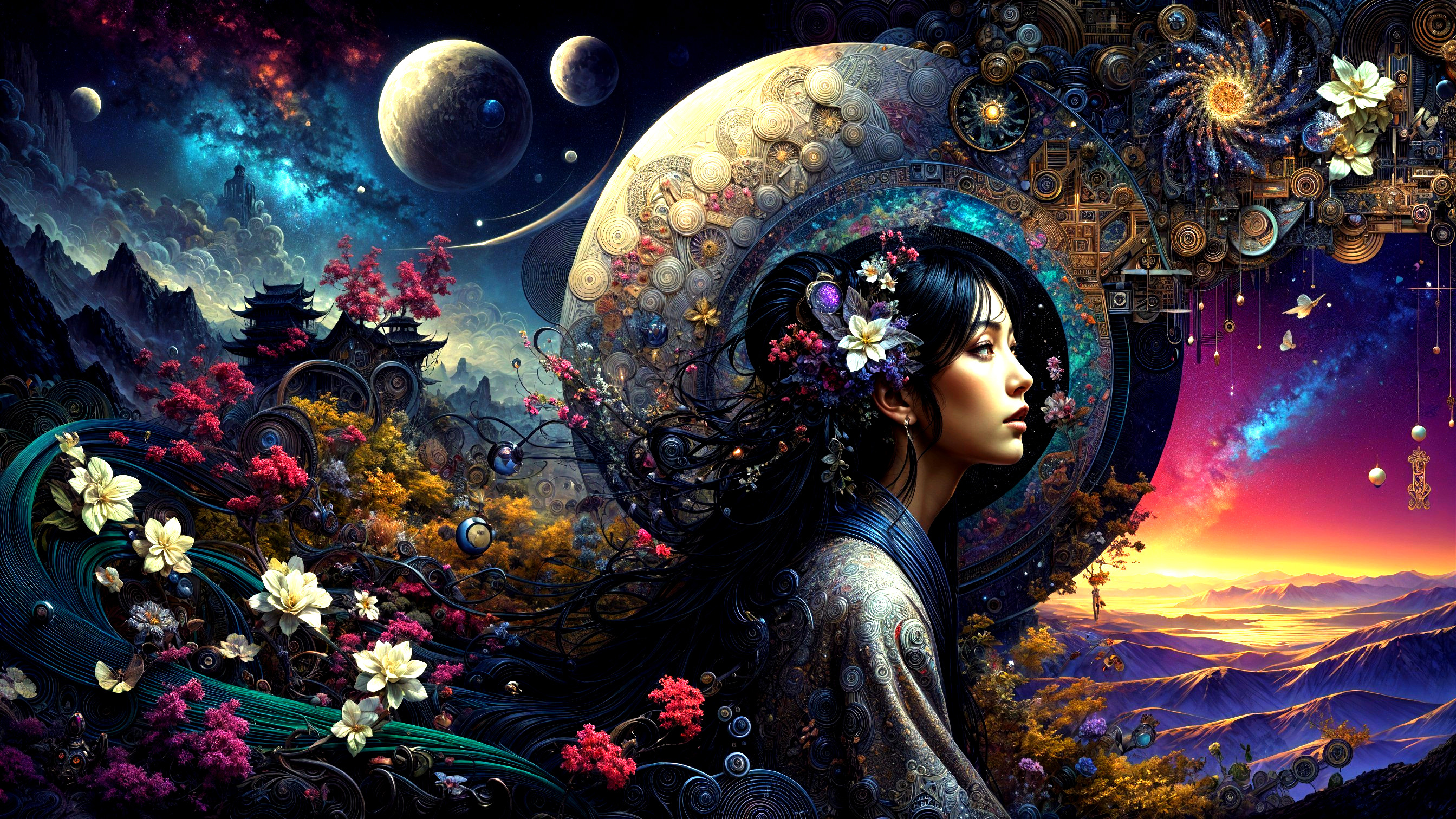 Woman Surrounded by Cosmic Elements and Nature